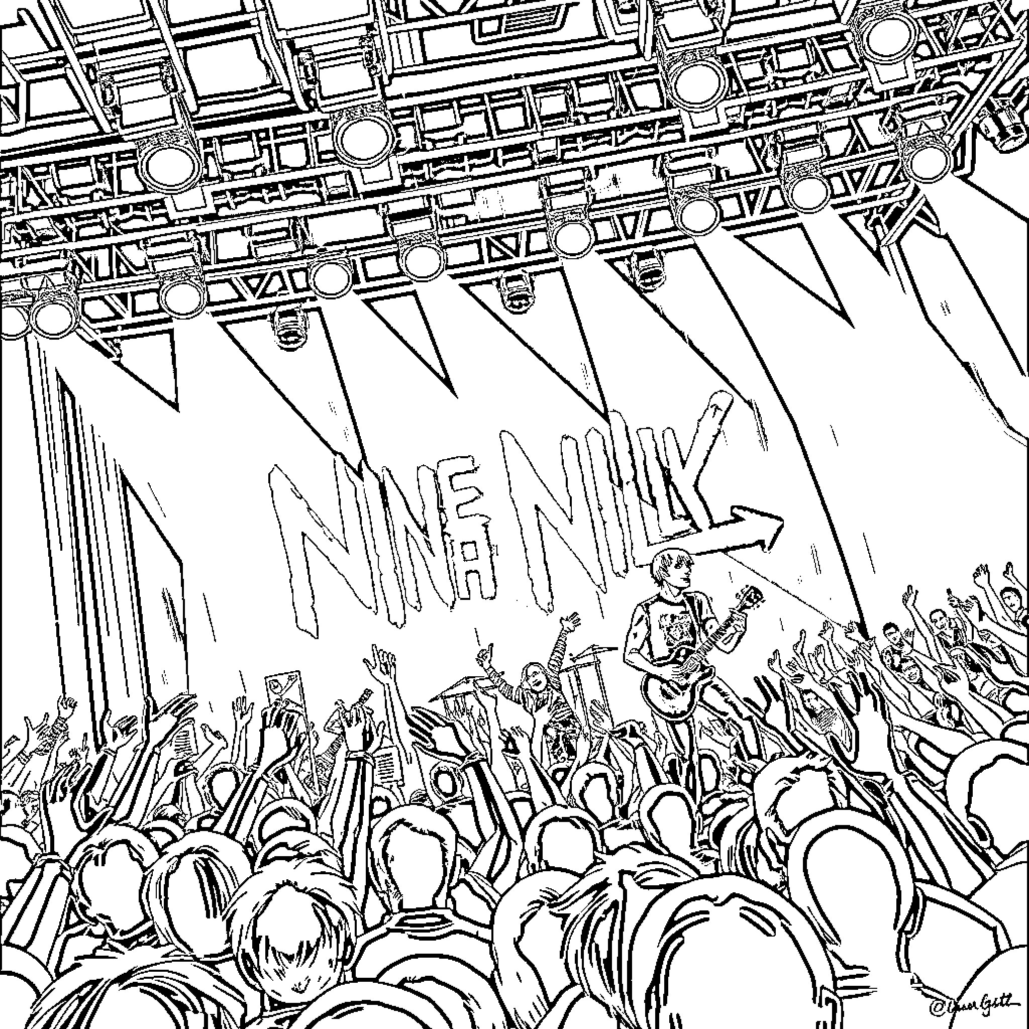 Nine Inch Nails Performs on Stage for Energetic Crowd Coloring Page (free black-and-white line drawing printable PDF for all, from beginners to advanced learners, including children, teens, adults, and seniors)