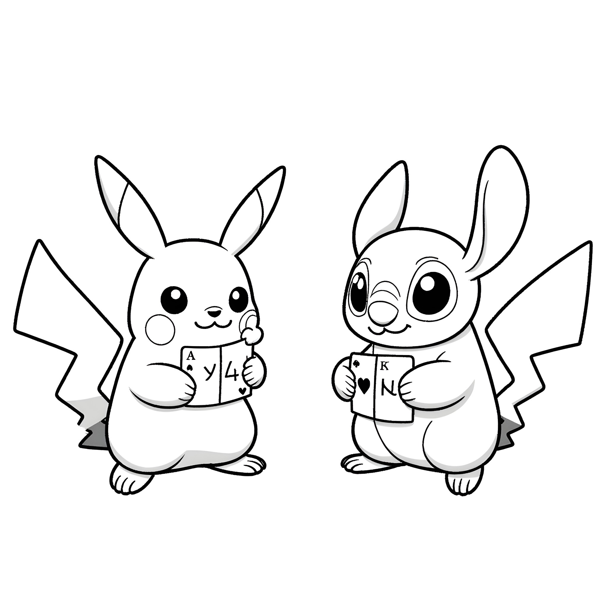 Pikachu and Stitch Playing with Letters Coloring Page (free black-and-white line drawing printable PDF for all, from beginners to advanced learners, including children, teens, adults, and seniors)