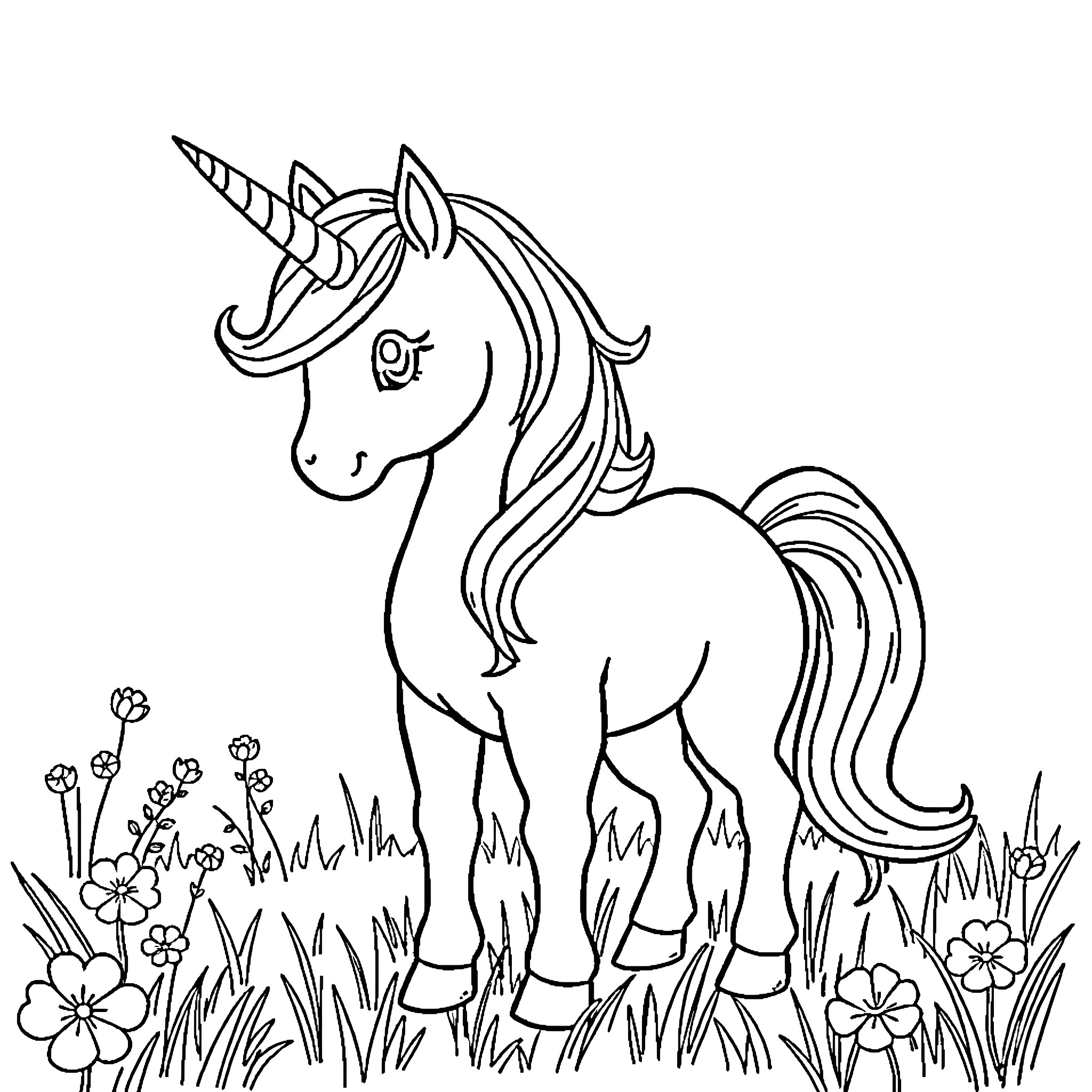 Unicorn standing in a floral field Coloring Page (free black-and-white line drawing printable PDF for all, from beginners to advanced learners, including children, teens, adults, and seniors)