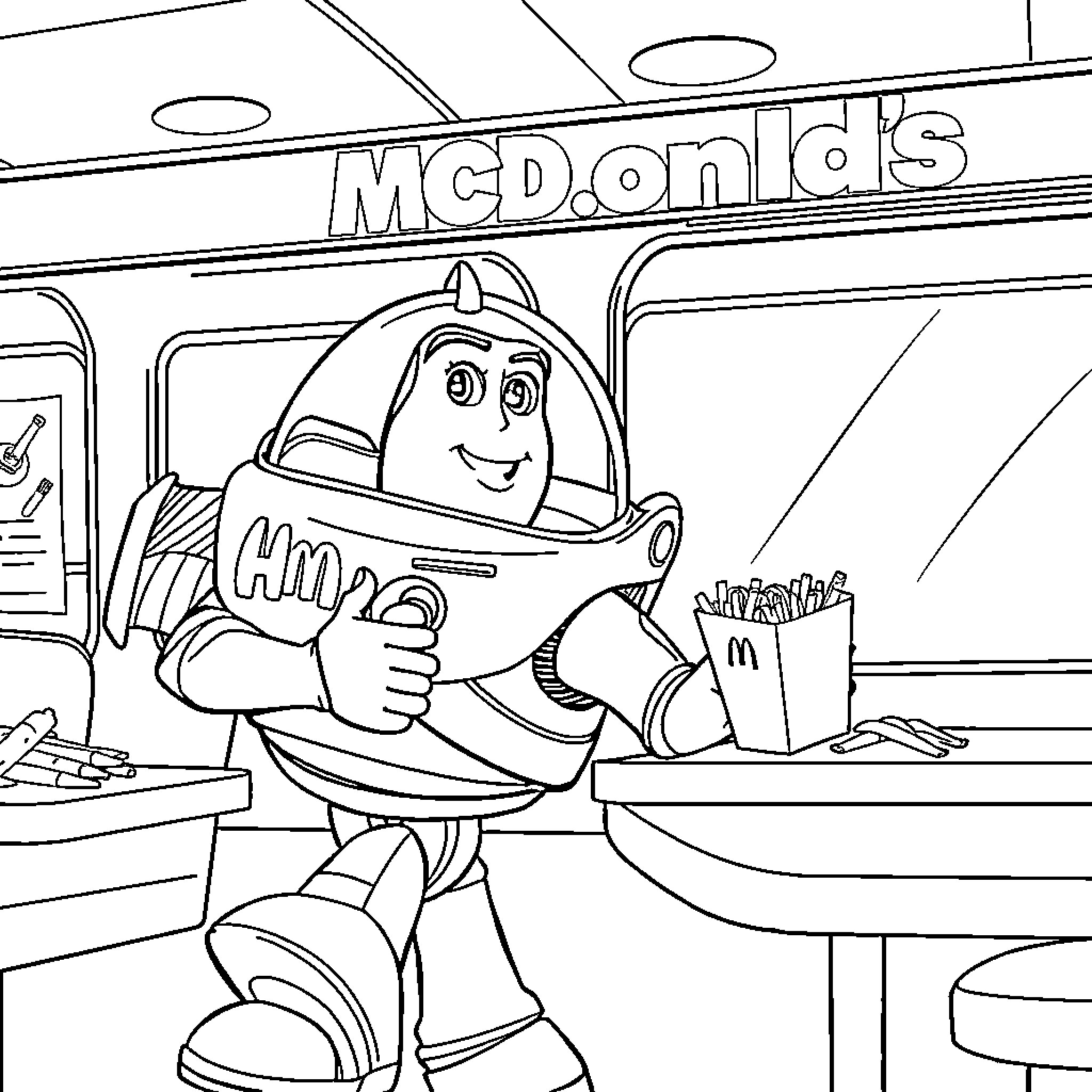 Buzz Lightyear smiling while standing at a fast food counter Coloring Page (free black-and-white line drawing printable PDF for all, from beginners to advanced learners, including children, teens, adults, and seniors)