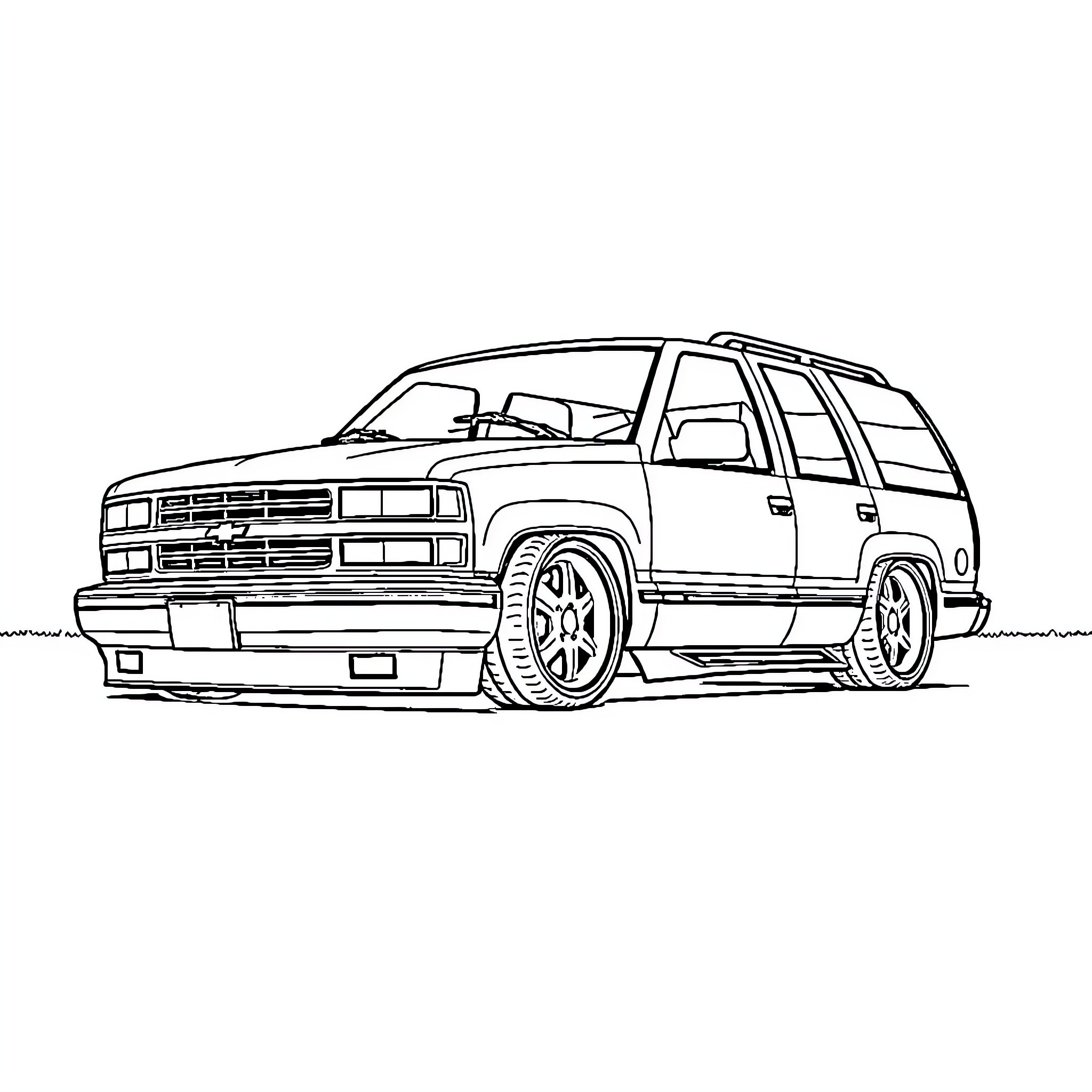 Tahoe SUV with custom wheels and accessories Coloring Page (free black-and-white line drawing printable PDF for all, from beginners to advanced learners, including children, teens, adults, and seniors)