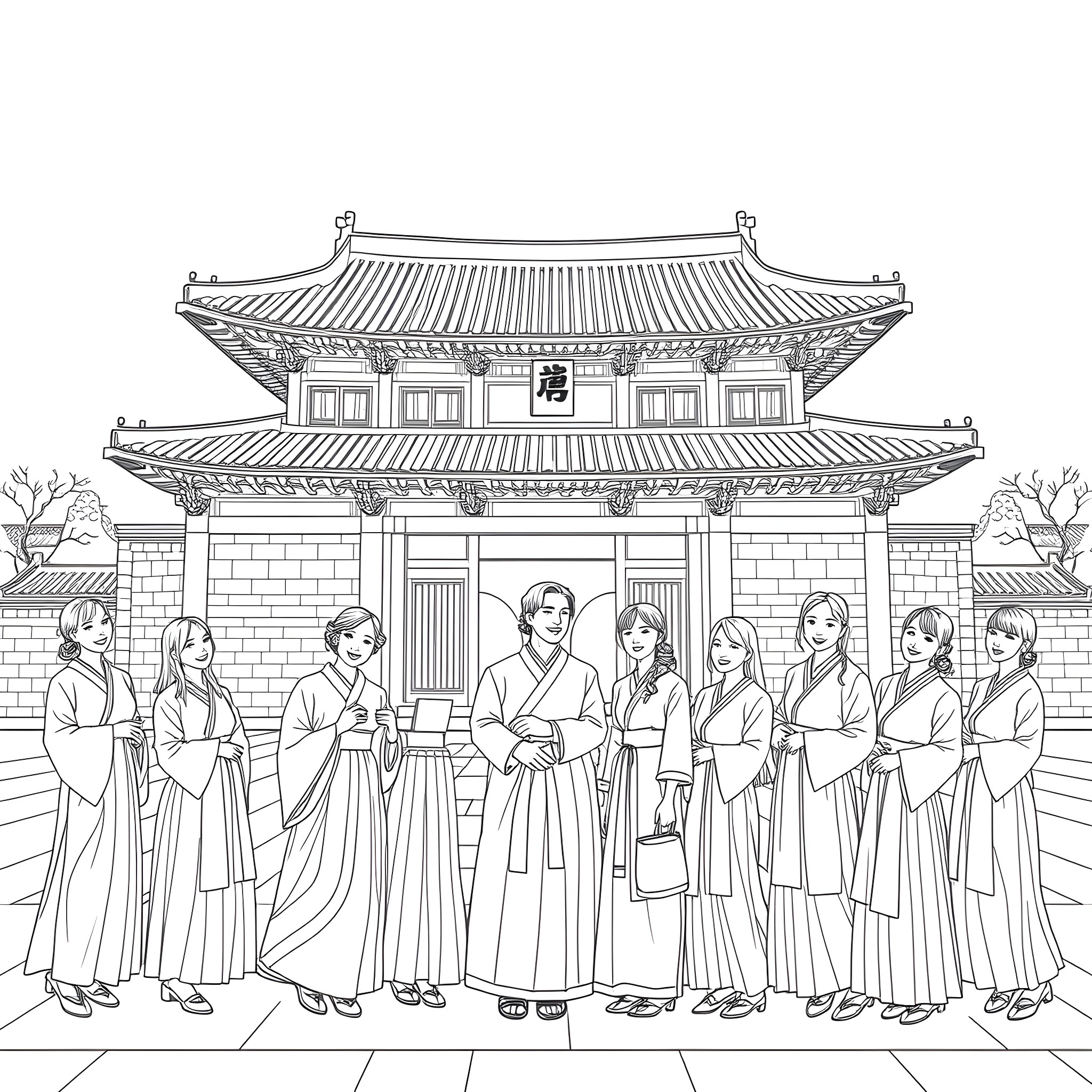 Person in traditional Japanese outfits near historic building Coloring Page (free black-and-white line drawing printable PDF for all, from beginners to advanced learners, including children, teens, adults, and seniors)