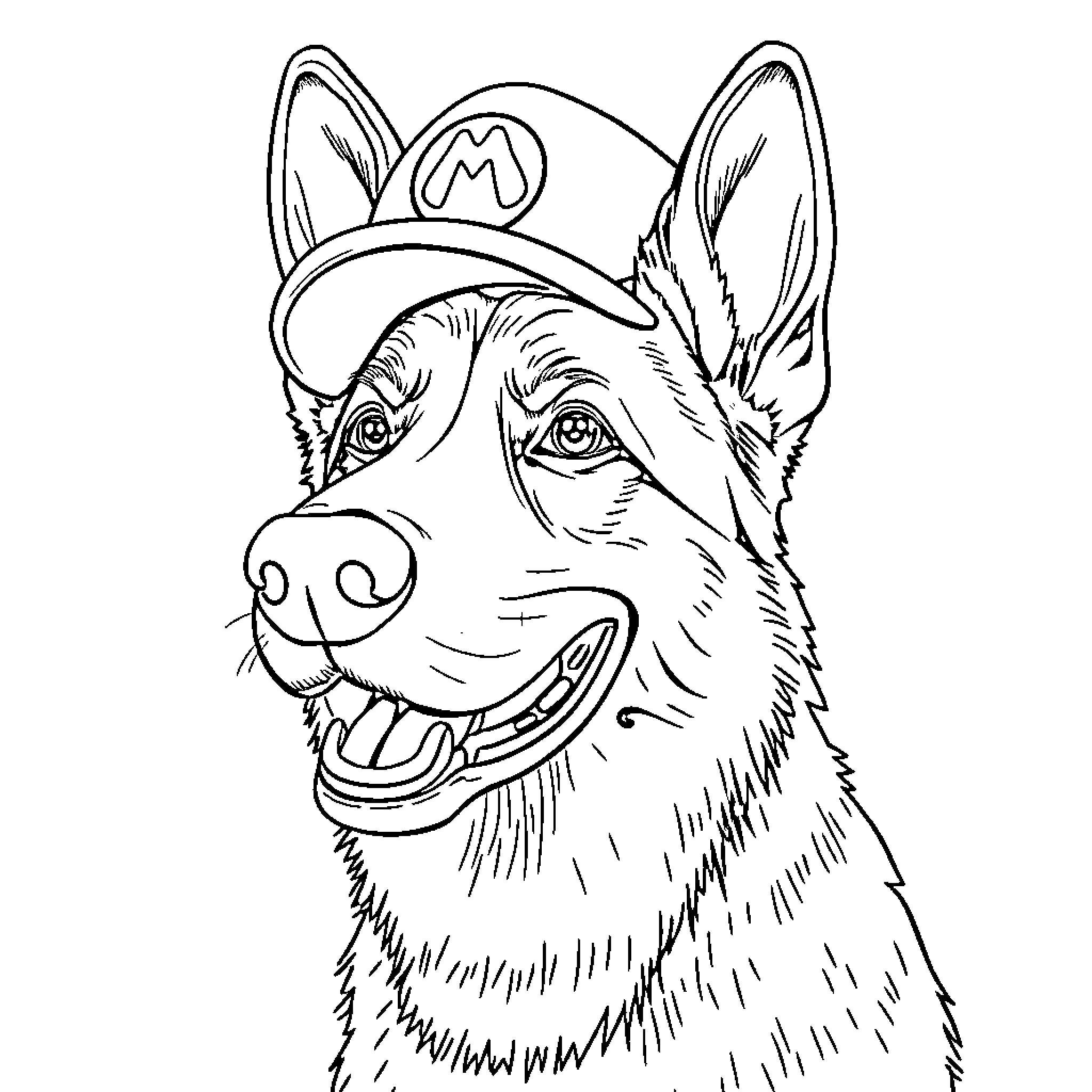 German Shepherd Dog Wearing a Mario Hat Coloring Page (free black-and-white line drawing printable PDF for all, from beginners to advanced learners, including children, teens, adults, and seniors)