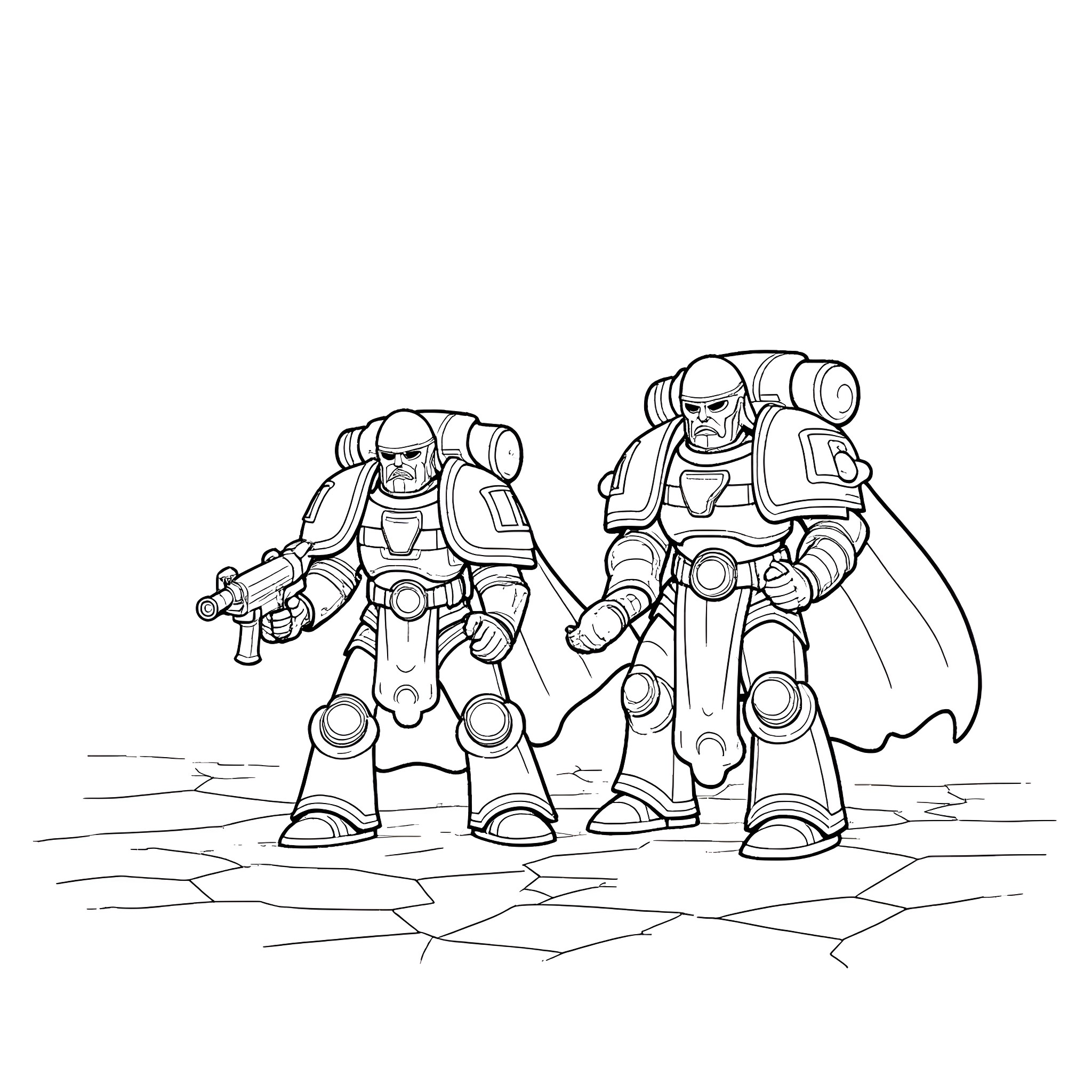Warhammer space marines in combat gear Coloring Page (free black-and-white line drawing printable PDF for all, from beginners to advanced learners, including children, teens, adults, and seniors)