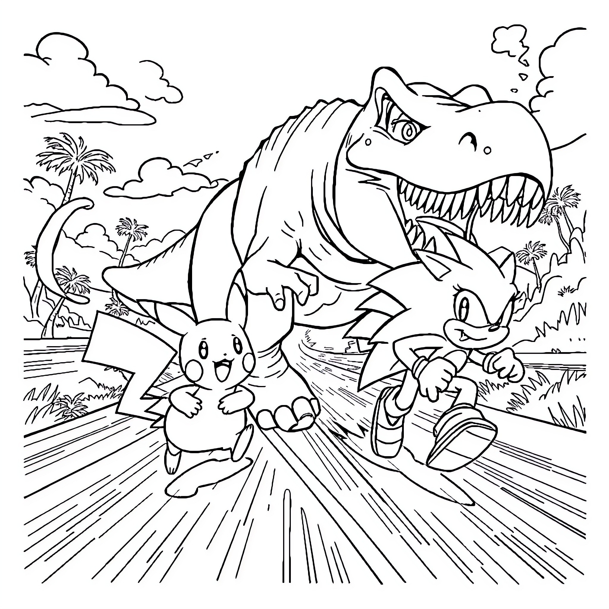 Pikachu and friends running from a T-rex in the jungle Coloring Page (free black-and-white line drawing printable PDF for all, from beginners to advanced learners, including children, teens, adults, and seniors)