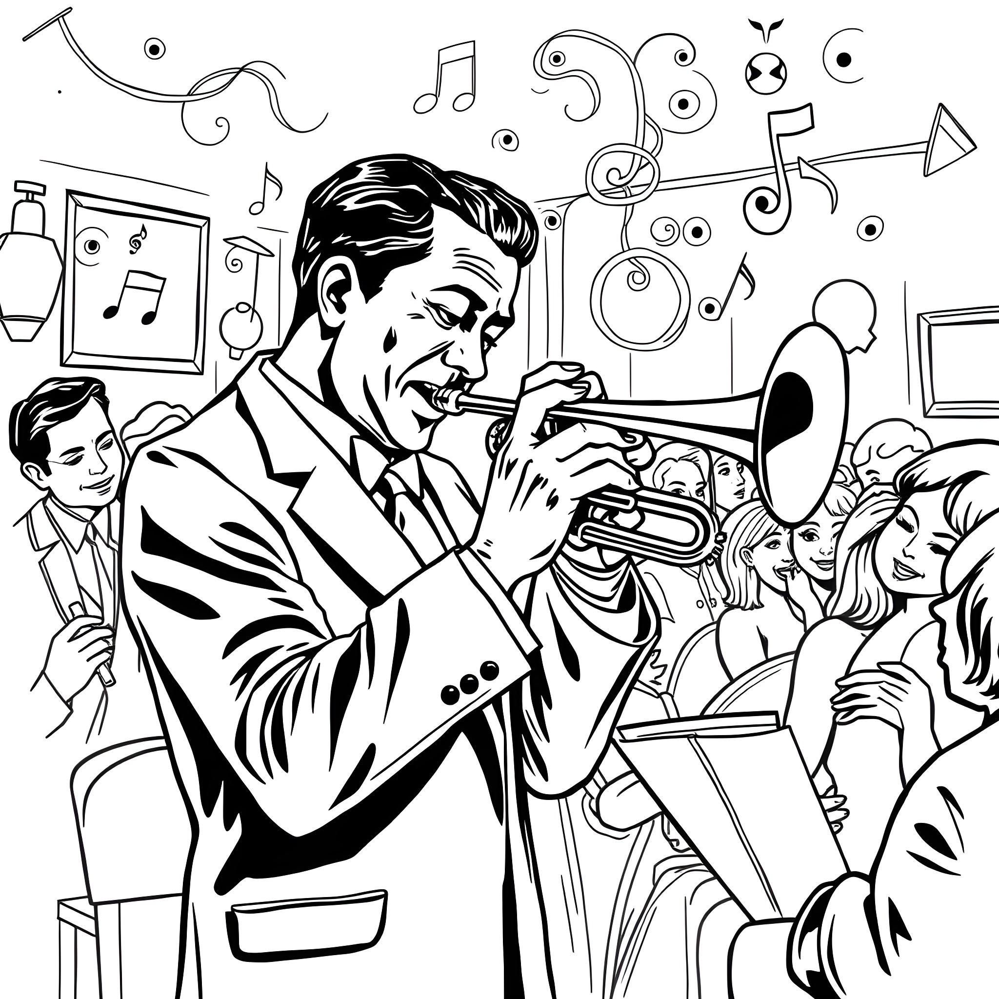 Bix Beiderbecke playing trumpet in a lively jazz performance Coloring Page (free black-and-white line drawing printable PDF for all, from beginners to advanced learners, including children, teens, adults, and seniors)
