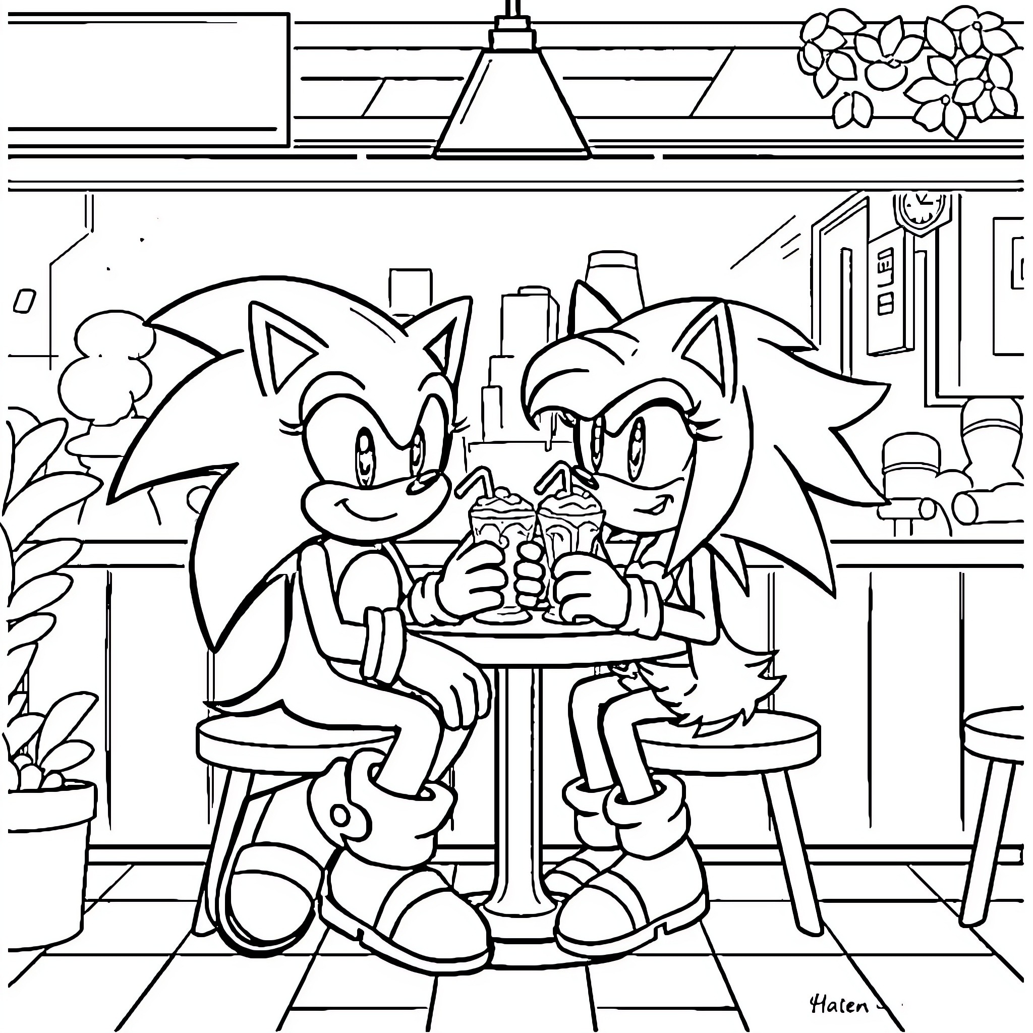 Sonic characters enjoying burgers in a cafe Coloring Page (free black-and-white line drawing printable PDF for all, from beginners to advanced learners, including children, teens, adults, and seniors)