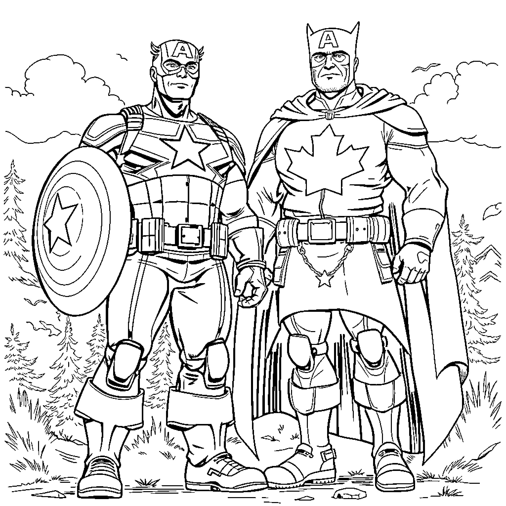 Captain America and Maple Leaf Superhero in Heroic Poses Coloring Page (free black-and-white line drawing printable PDF for all, from beginners to advanced learners, including children, teens, adults, and seniors)