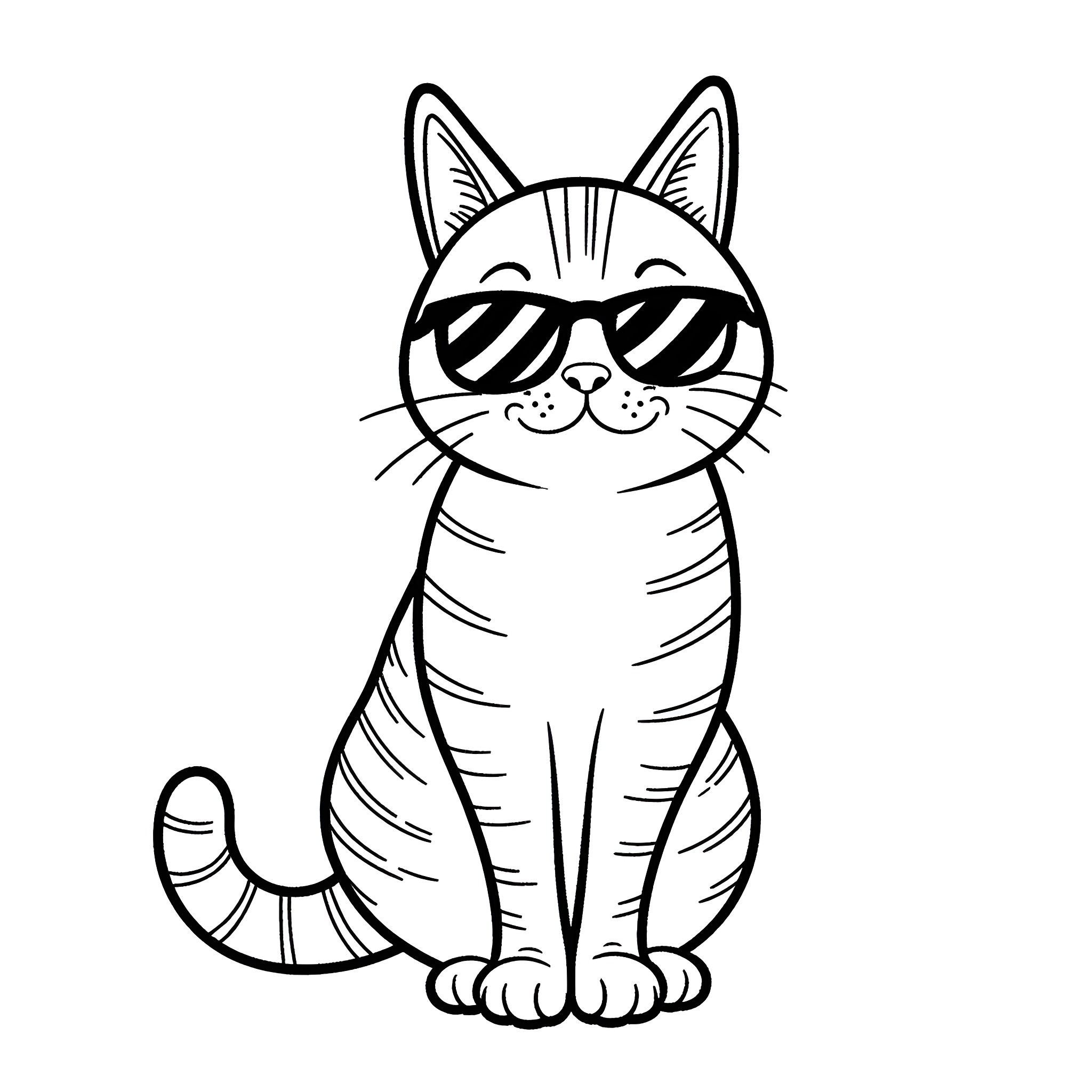 Cat wearing sunglasses with a confident expression Coloring Page (free black-and-white line drawing printable PDF for all, from beginners to advanced learners, including children, teens, adults, and seniors)