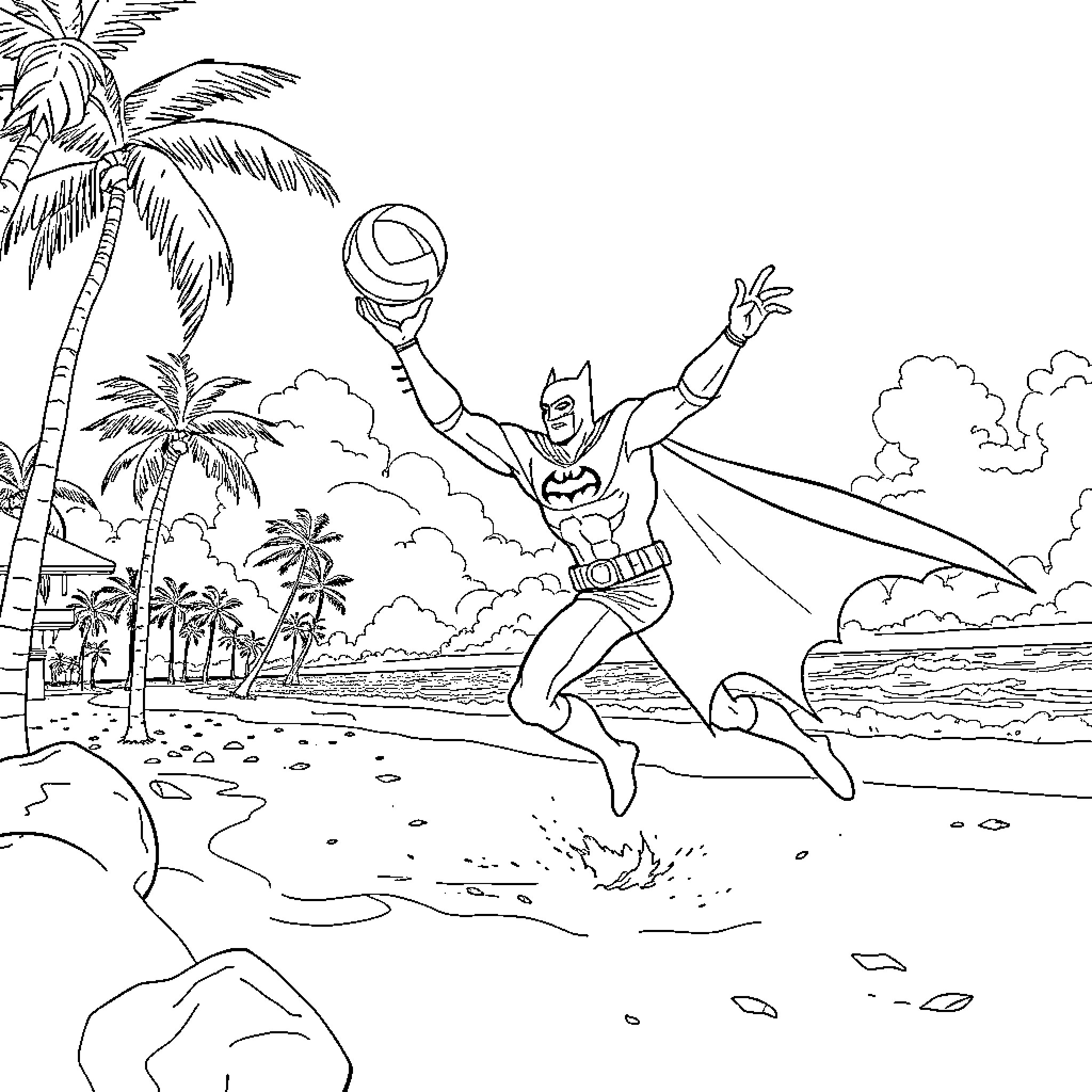 Batman enjoying tropical island adventure Coloring Page (free black-and-white line drawing printable PDF for all, from beginners to advanced learners, including children, teens, adults, and seniors)