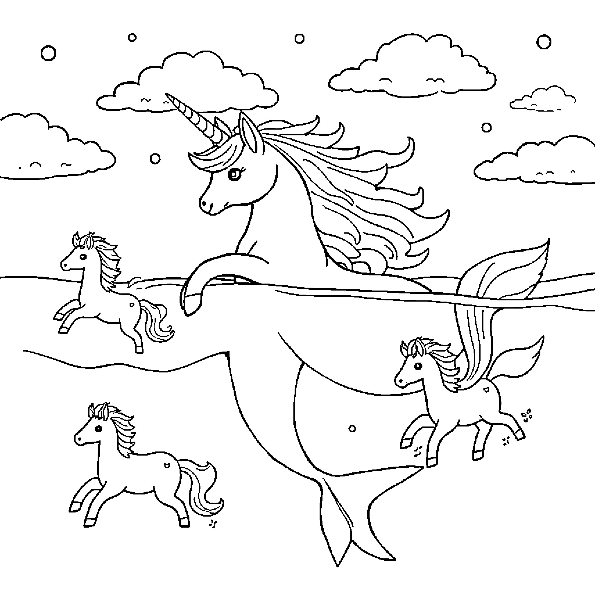 Unicorn Cat flying amidst a herd of magical horses Coloring Page (free black-and-white line drawing printable PDF for all, from beginners to advanced learners, including children, teens, adults, and seniors)
