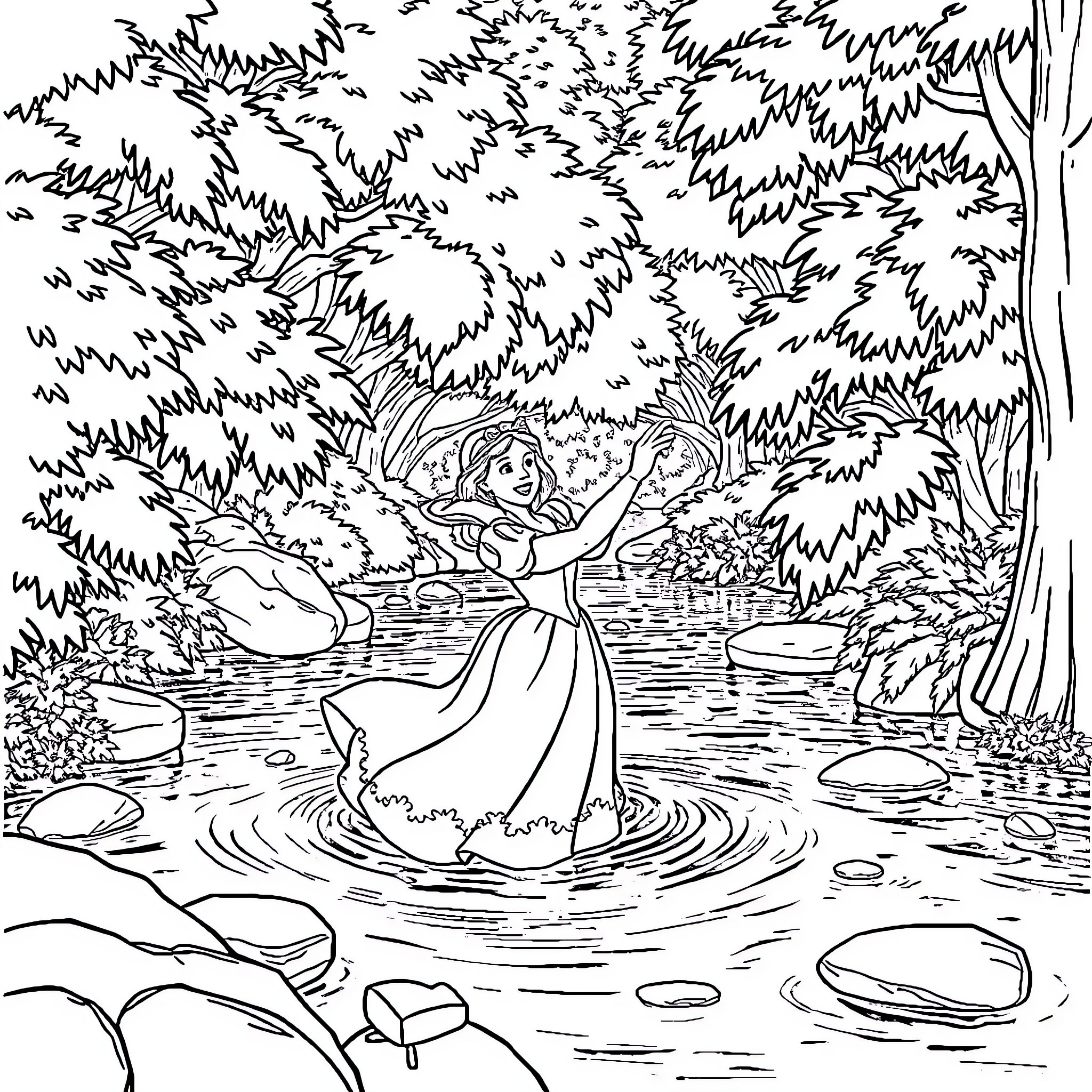 Snow White wading in the forest pond Coloring Page (free black-and-white line drawing printable PDF for all, from beginners to advanced learners, including children, teens, adults, and seniors)