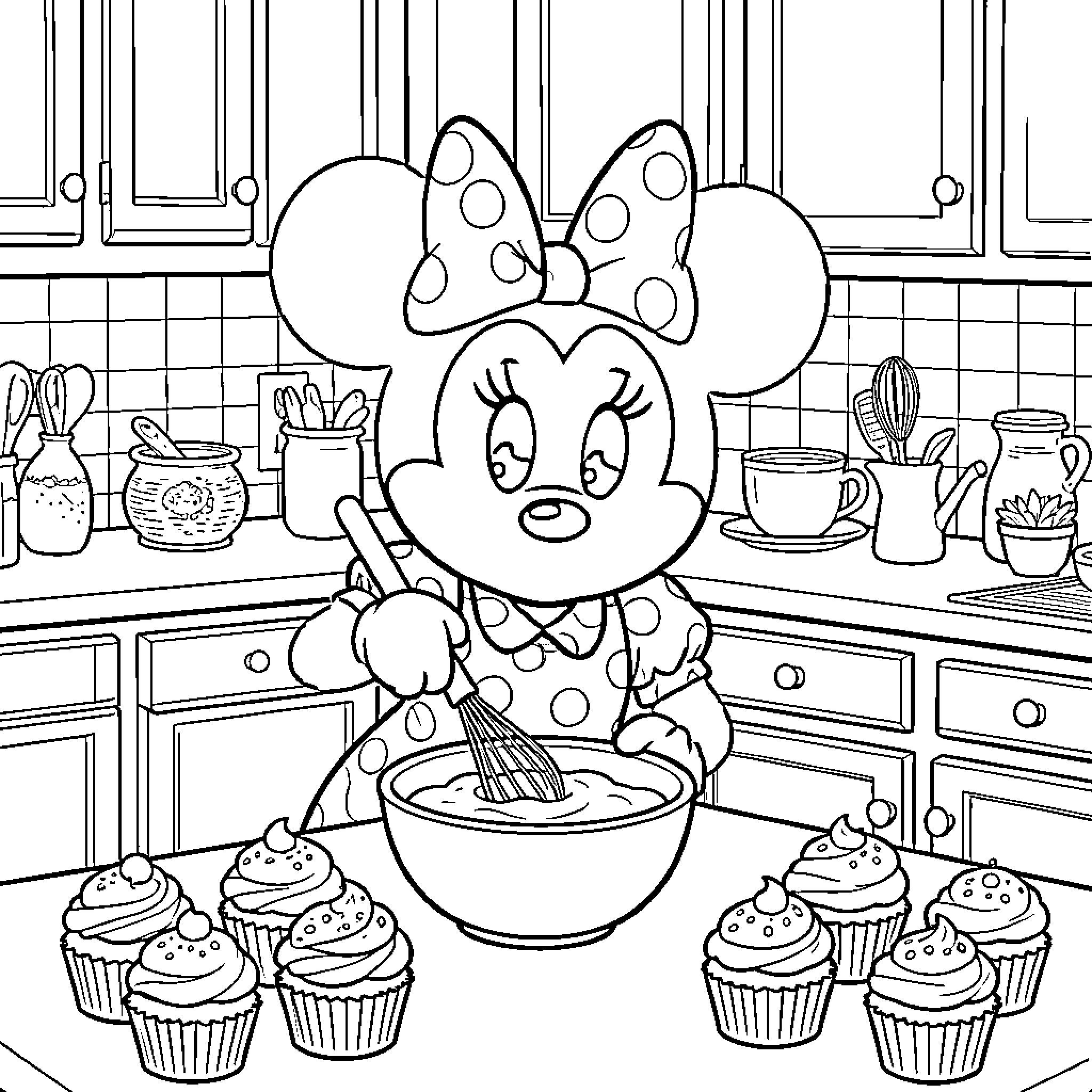 Minnie Mouse baking cupcakes in a kitchen Coloring Page (free black-and-white line drawing printable PDF for all, from beginners to advanced learners, including children, teens, adults, and seniors)