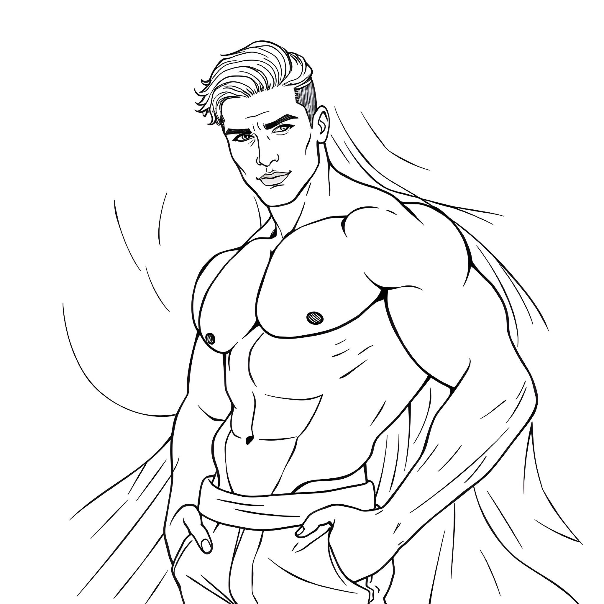 Dude flexing his muscular physique Coloring Page (free black-and-white line drawing printable PDF for all, from beginners to advanced learners, including children, teens, adults, and seniors)
