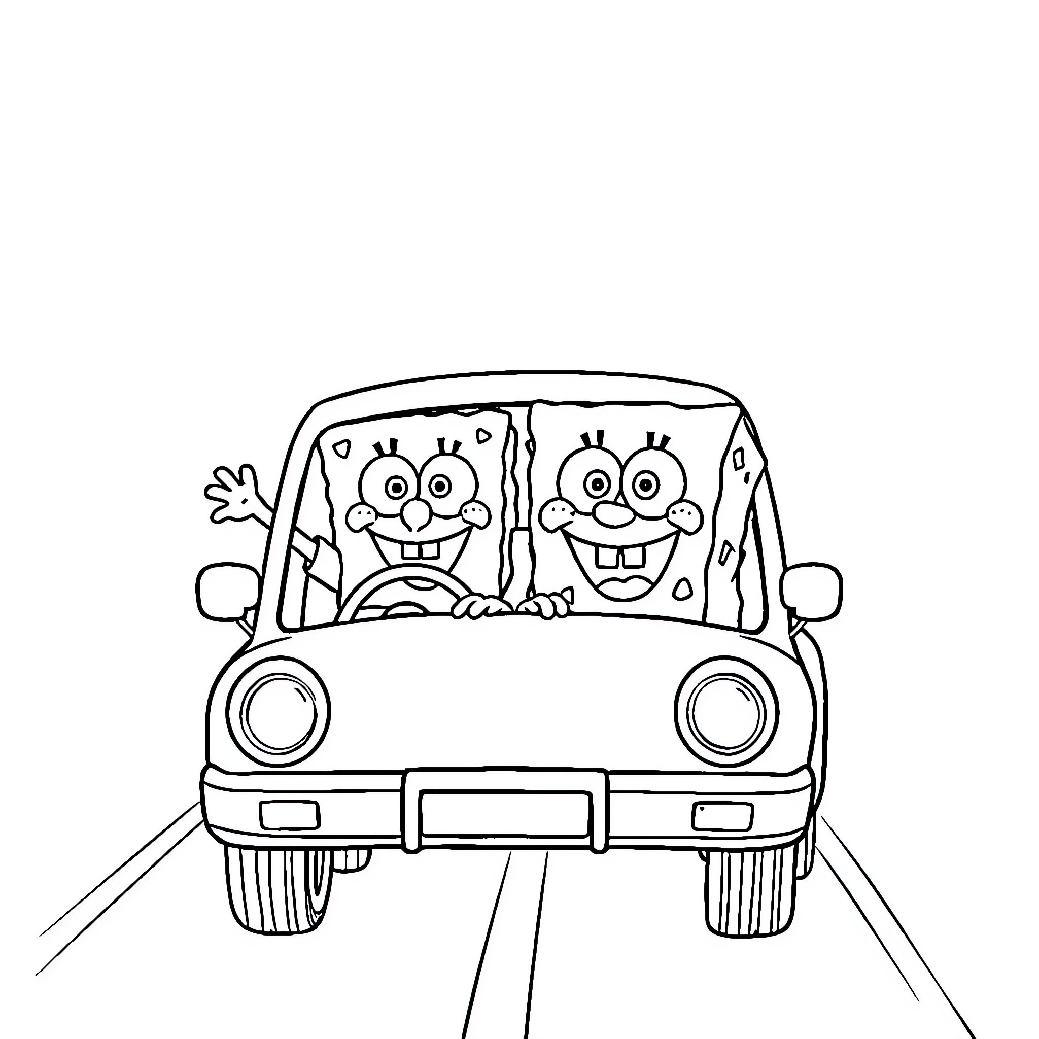 Spongebob and Patrick driving in a car Coloring Page (free black-and-white line drawing printable PDF for all, from beginners to advanced learners, including children, teens, adults, and seniors)