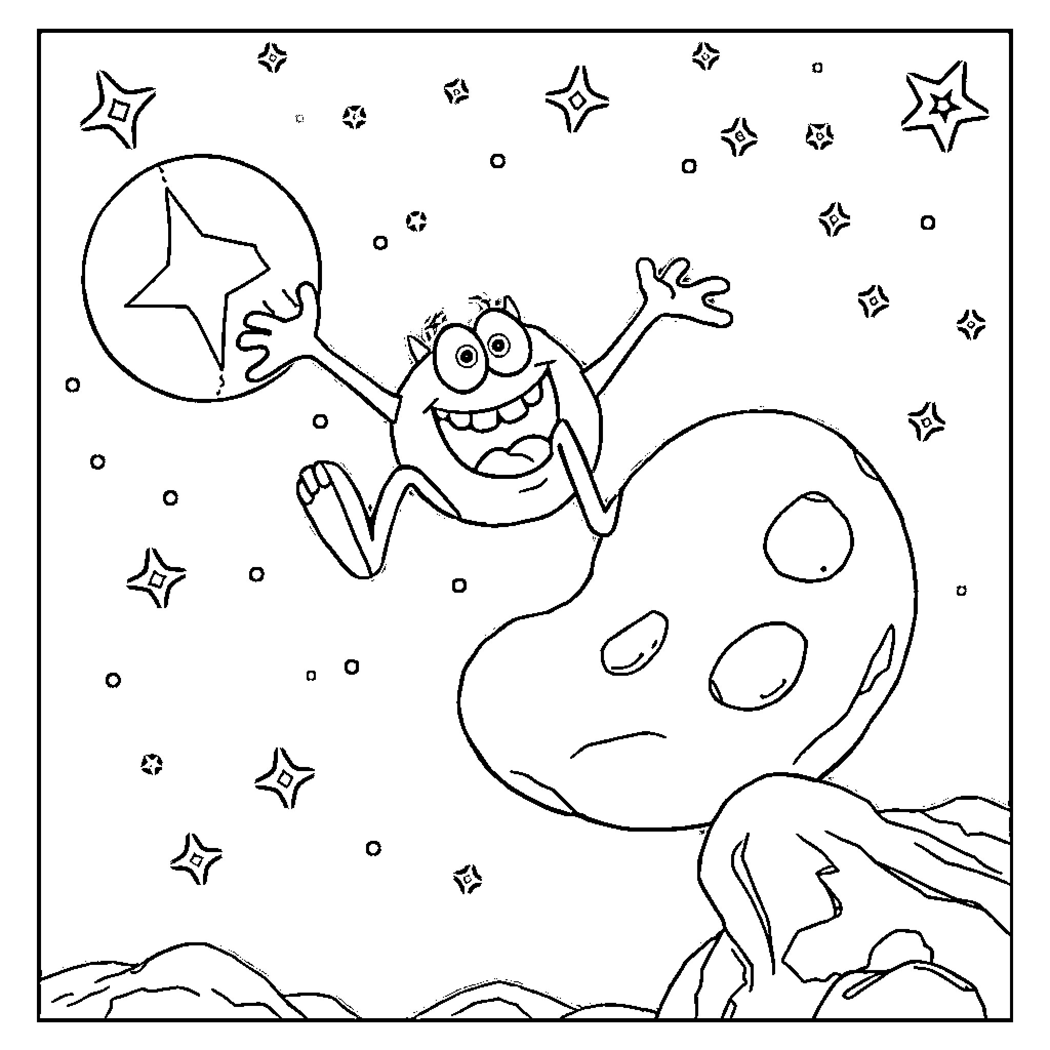 Mike explores the starry cosmos with glee Coloring Page (free black-and-white line drawing printable PDF for all, from beginners to advanced learners, including children, teens, adults, and seniors)