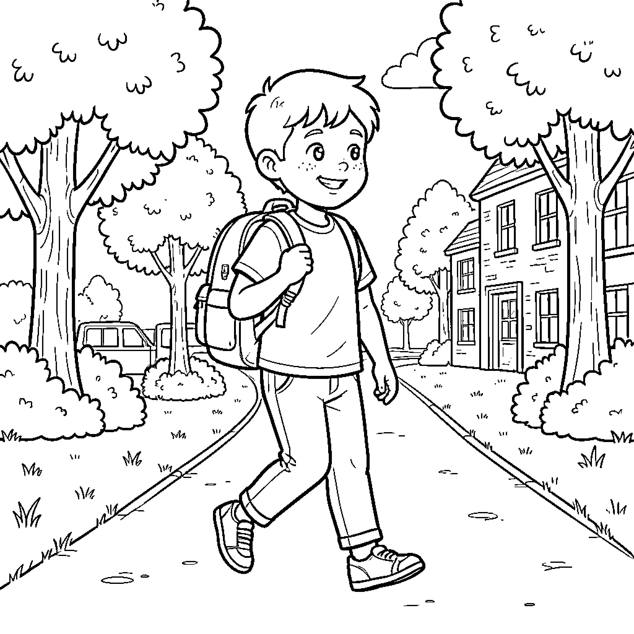 Son walking happily with a backpack on a path Coloring Page (free black-and-white line drawing printable PDF for all, from beginners to advanced learners, including children, teens, adults, and seniors)