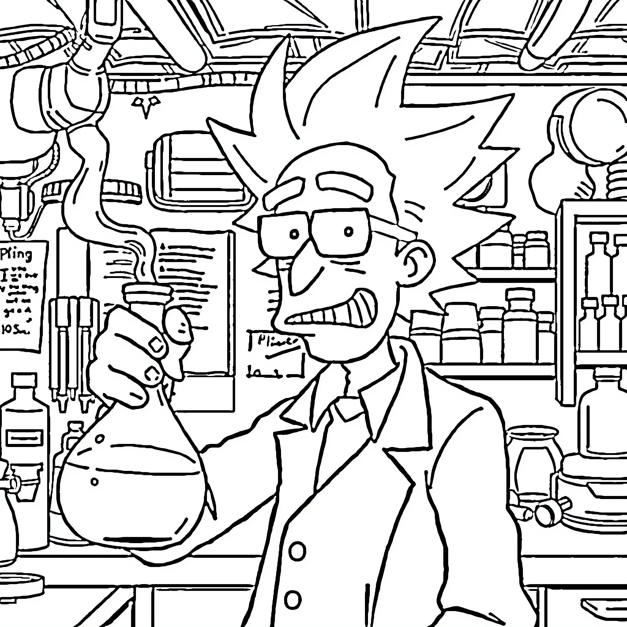 Rick Sanchez conducting scientific experiments in his workshop Coloring Page (free black-and-white line drawing printable PDF for all, from beginners to advanced learners, including children, teens, adults, and seniors)