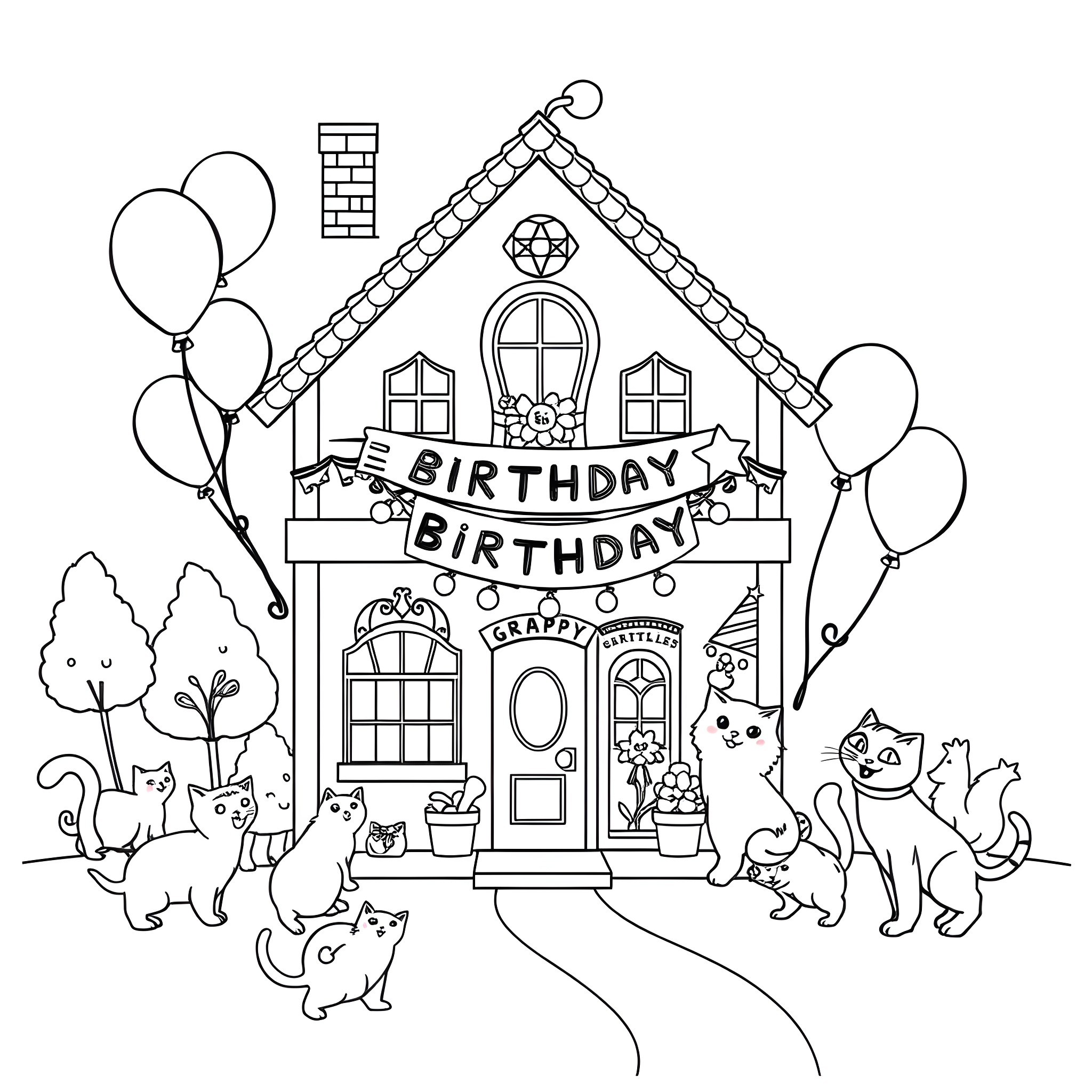 Dollhouse with cats and birthday decorations Coloring Page (free black-and-white line drawing printable PDF for all, from beginners to advanced learners, including children, teens, adults, and seniors)