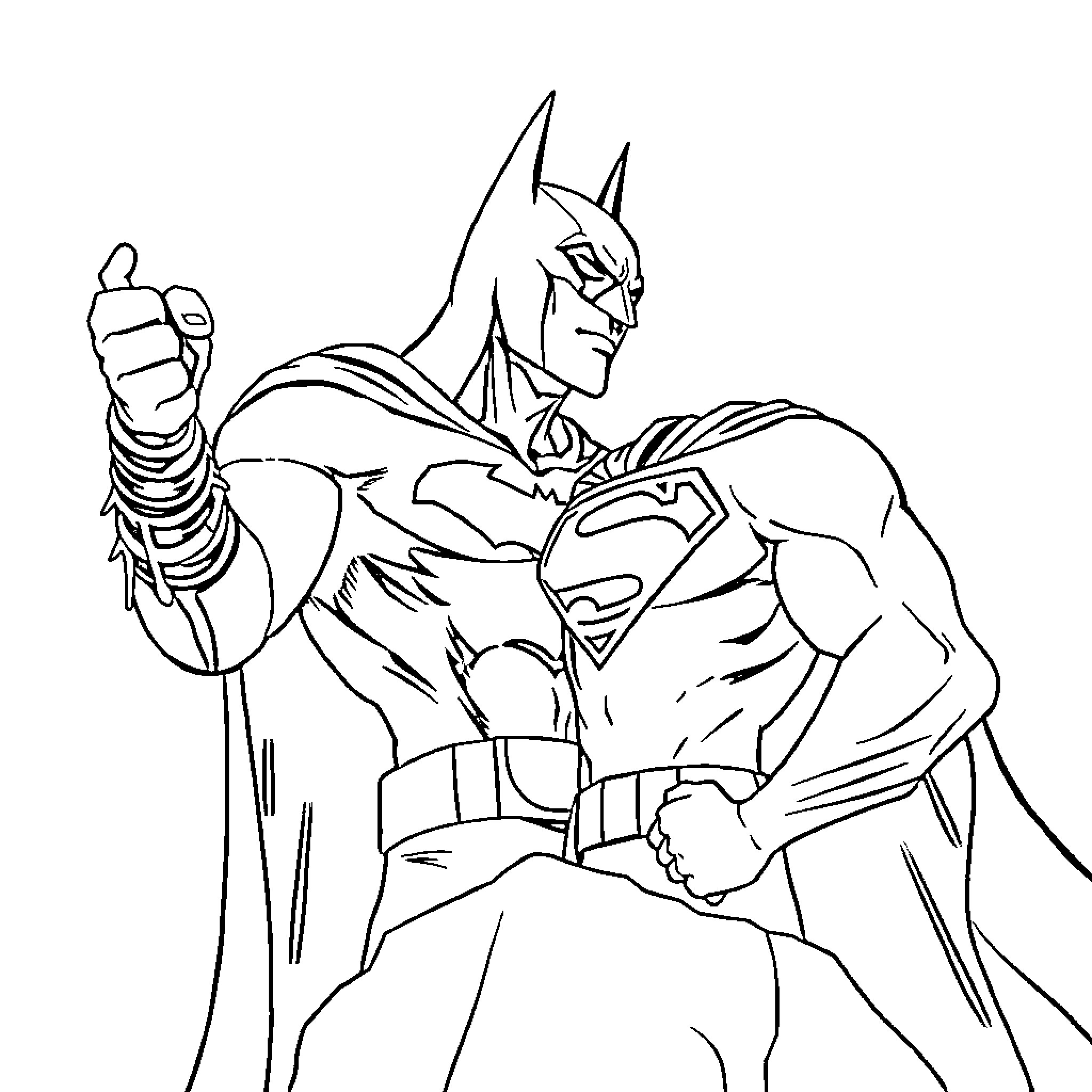 Batman in heroic action pose Coloring Page (free black-and-white line drawing printable PDF for all, from beginners to advanced learners, including children, teens, adults, and seniors)