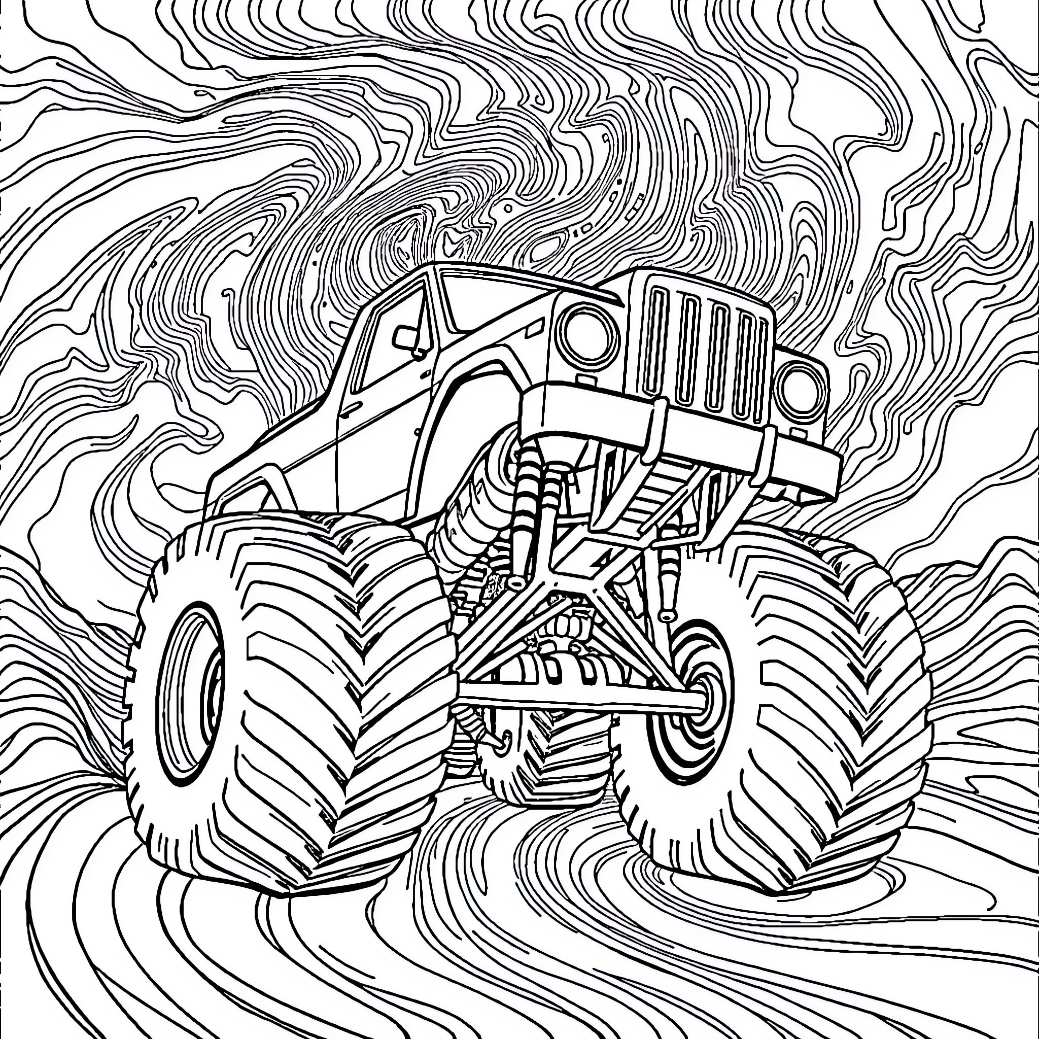 Monster Truck Tearing Through the Terrain Coloring Page (free black-and-white line drawing printable PDF for all, from beginners to advanced learners, including children, teens, adults, and seniors)