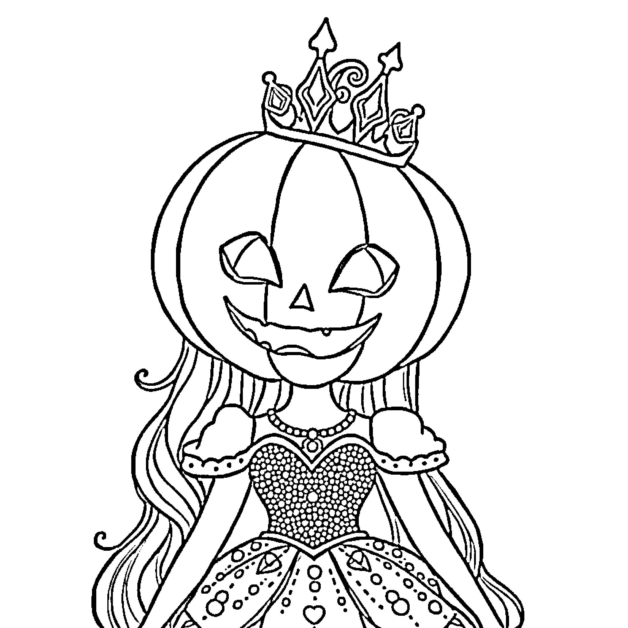 Princess in Pumpkin Halloween Costume Coloring Page (free black-and-white line drawing printable PDF for all, from beginners to advanced learners, including children, teens, adults, and seniors)