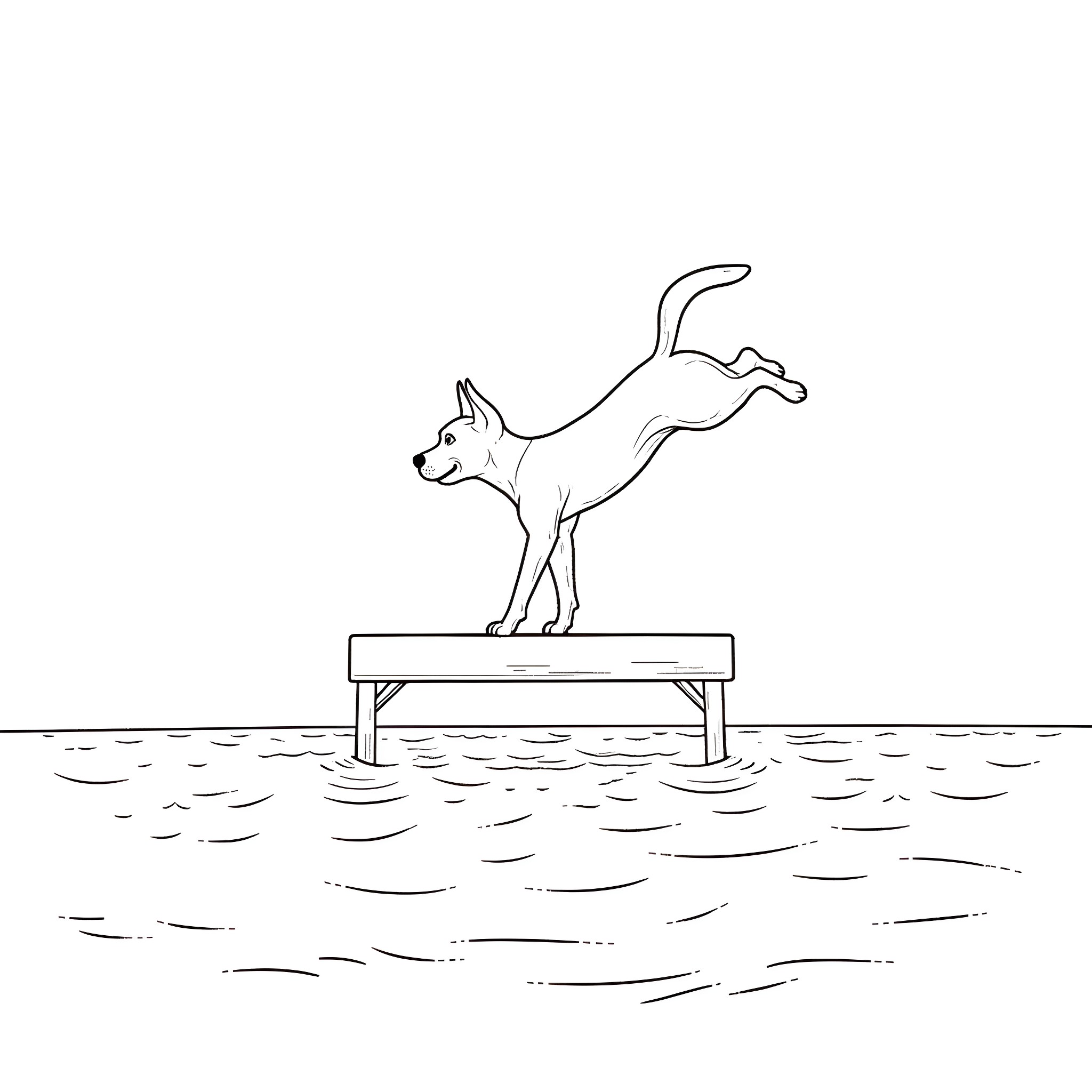 Dog playing on a wooden platform in water Coloring Page (free black-and-white line drawing printable PDF for all, from beginners to advanced learners, including children, teens, adults, and seniors)