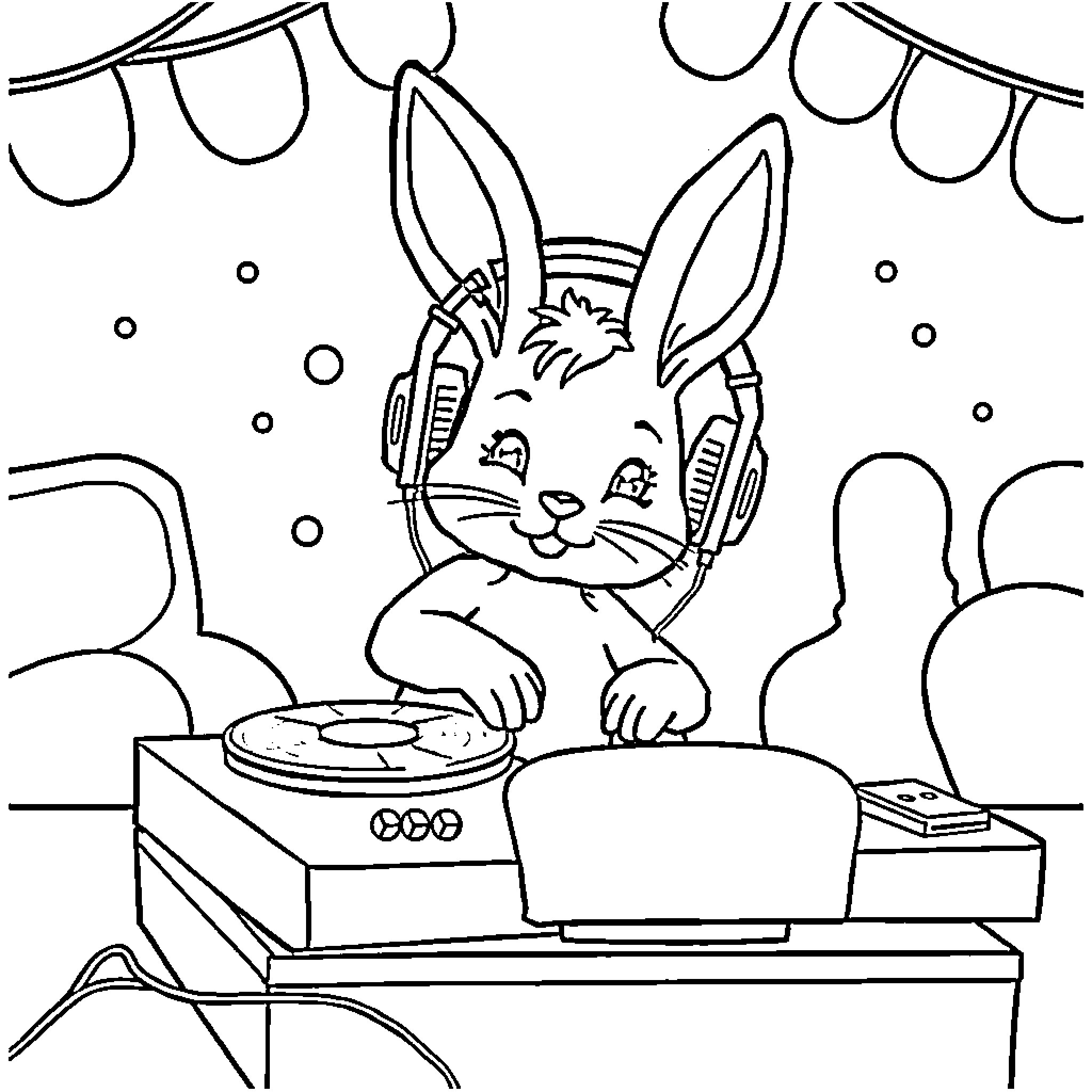 Bunny Listening to Music and Enjoying the Party Coloring Page (free black-and-white line drawing printable PDF for all, from beginners to advanced learners, including children, teens, adults, and seniors)
