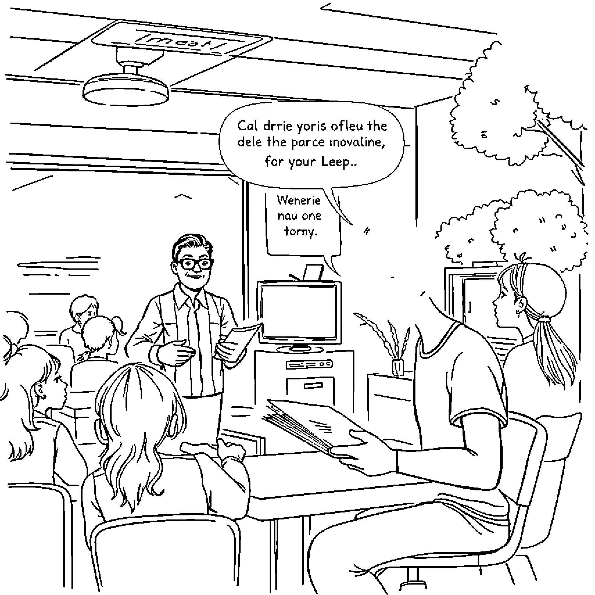 Student presentation on innovative technology in classroom Coloring Page (free black-and-white line drawing printable PDF for all, from beginners to advanced learners, including children, teens, adults, and seniors)