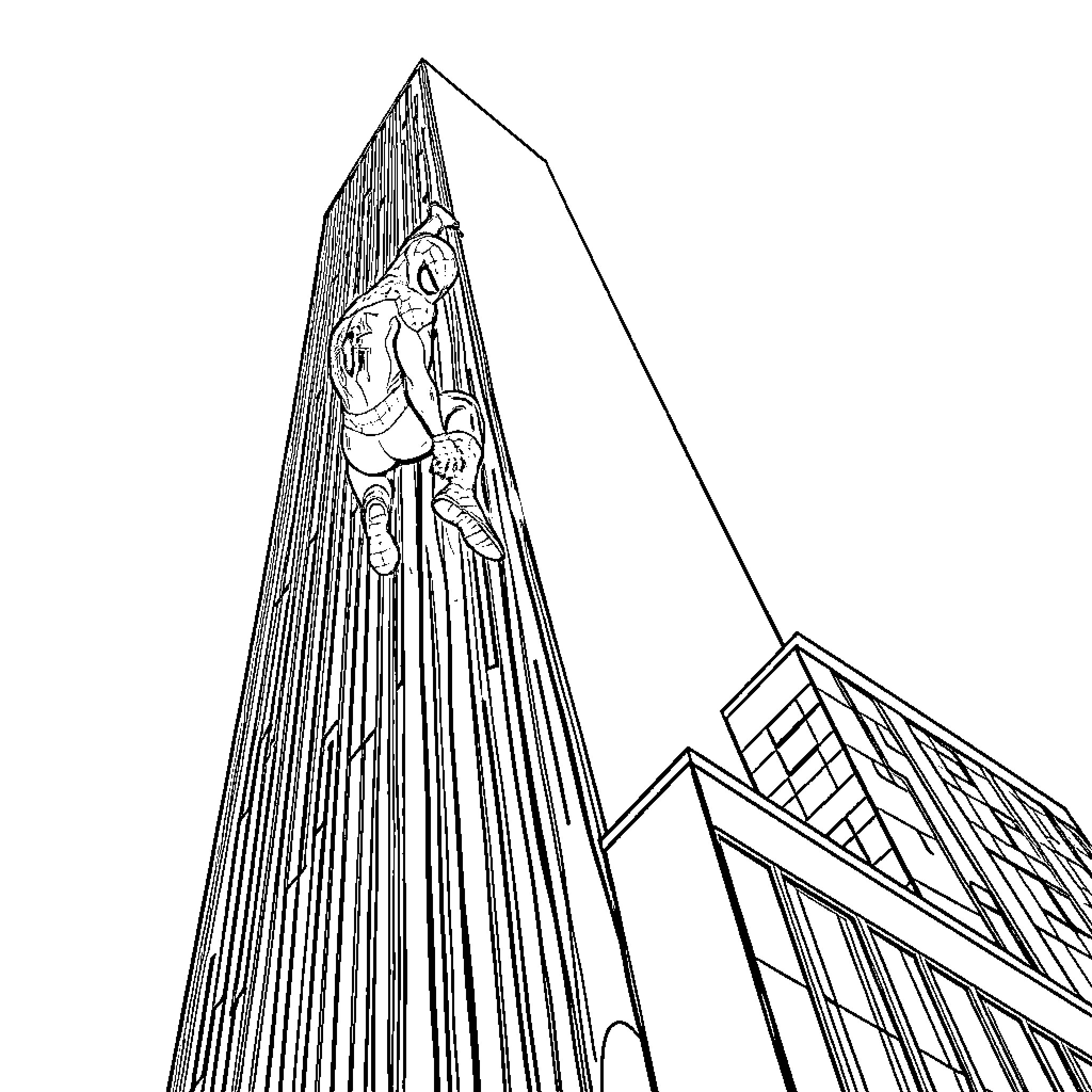 Spiderman scaling tall skyscraper with architectural elements Coloring Page (free black-and-white line drawing printable PDF for all, from beginners to advanced learners, including children, teens, adults, and seniors)