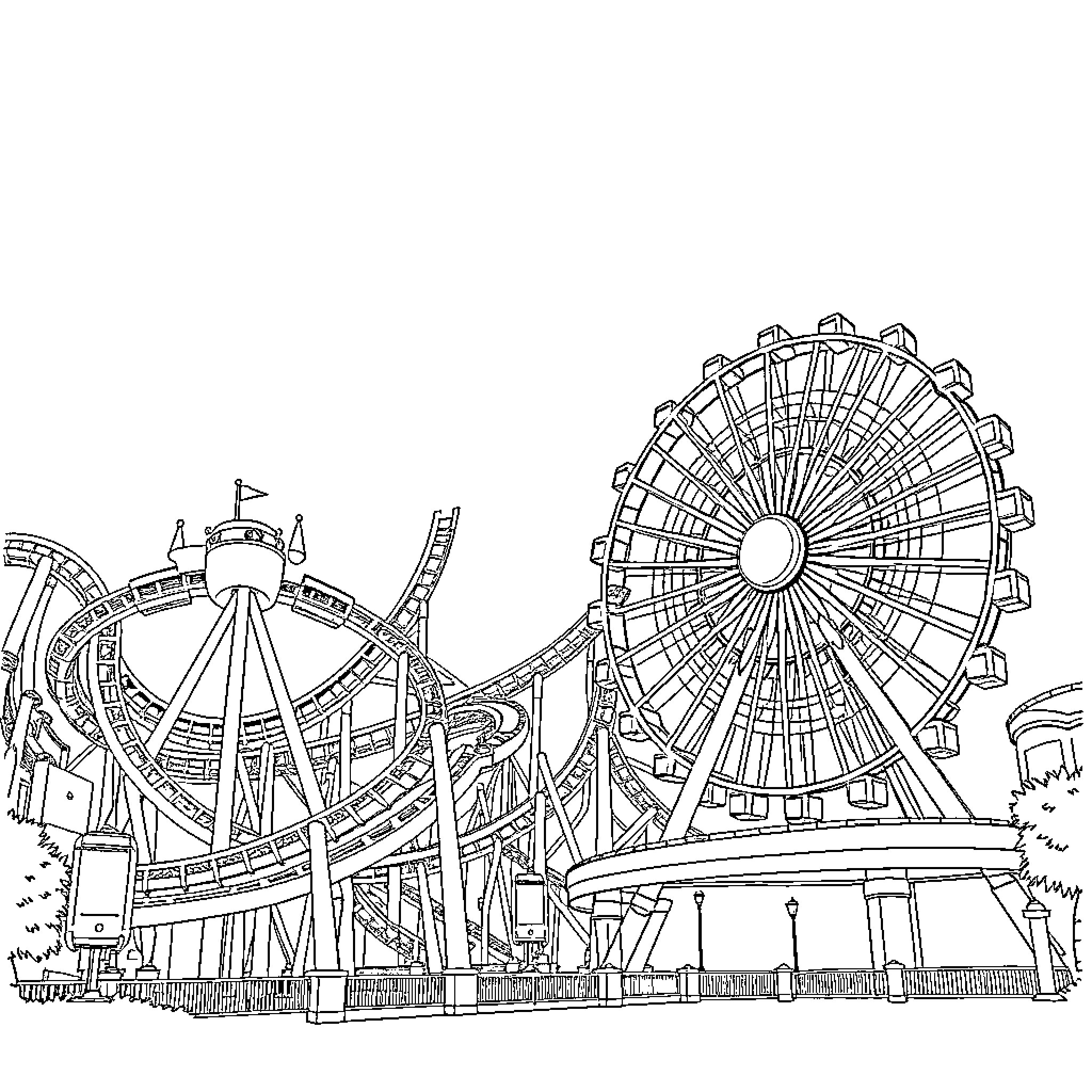 Disneyland thrilling rides and giant ferris wheel Coloring Page (free black-and-white line drawing printable PDF for all, from beginners to advanced learners, including children, teens, adults, and seniors)