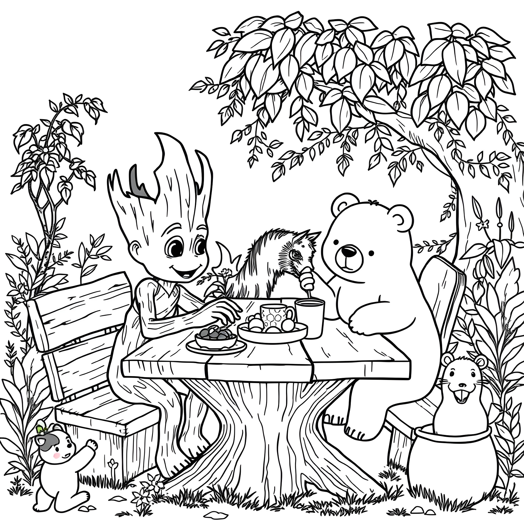 Groot and friends picnicking in the forest Coloring Page (free black-and-white line drawing printable PDF for all, from beginners to advanced learners, including children, teens, adults, and seniors)