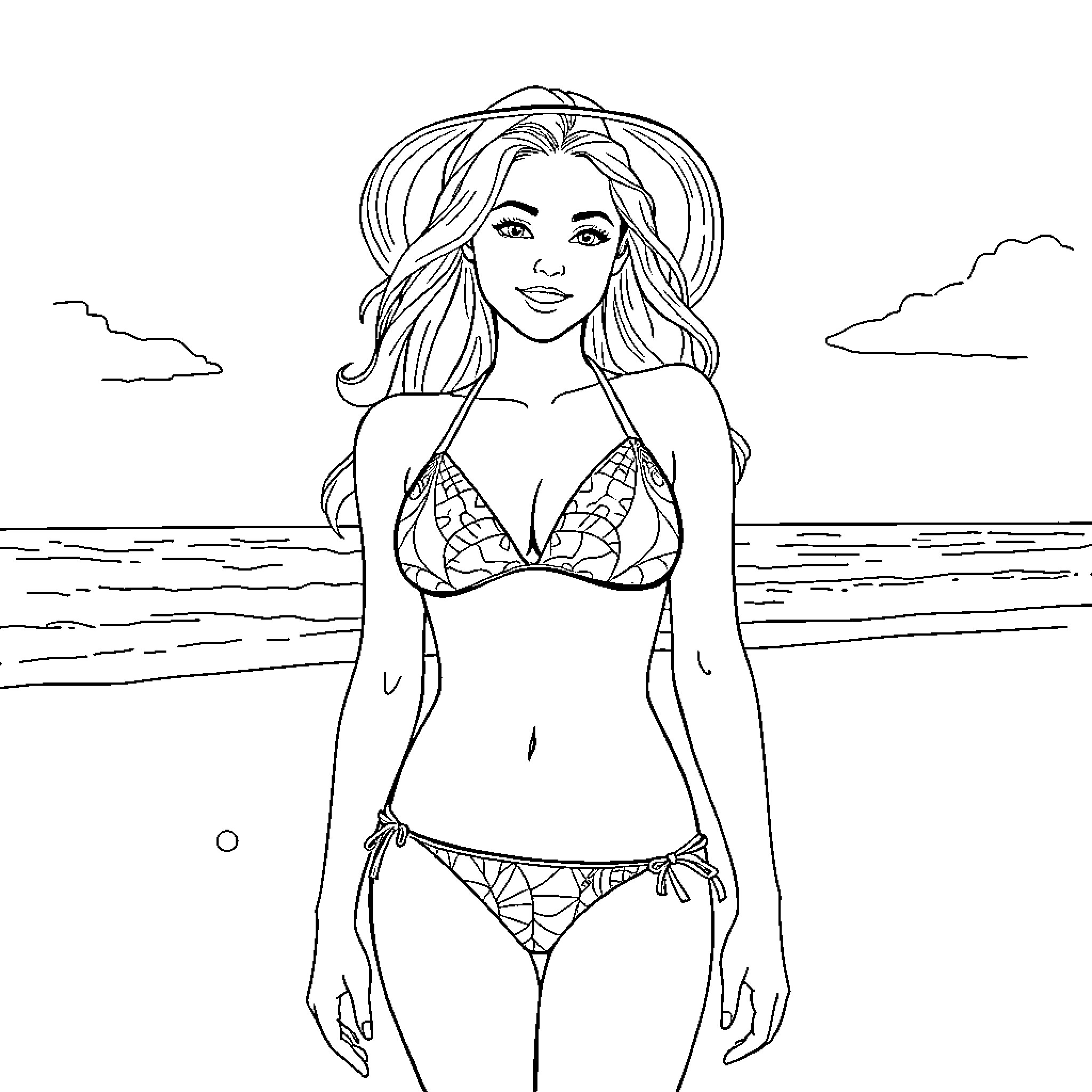 Girl enjoying the beach in swimwear Coloring Page (free black-and-white line drawing printable PDF for all, from beginners to advanced learners, including children, teens, adults, and seniors)
