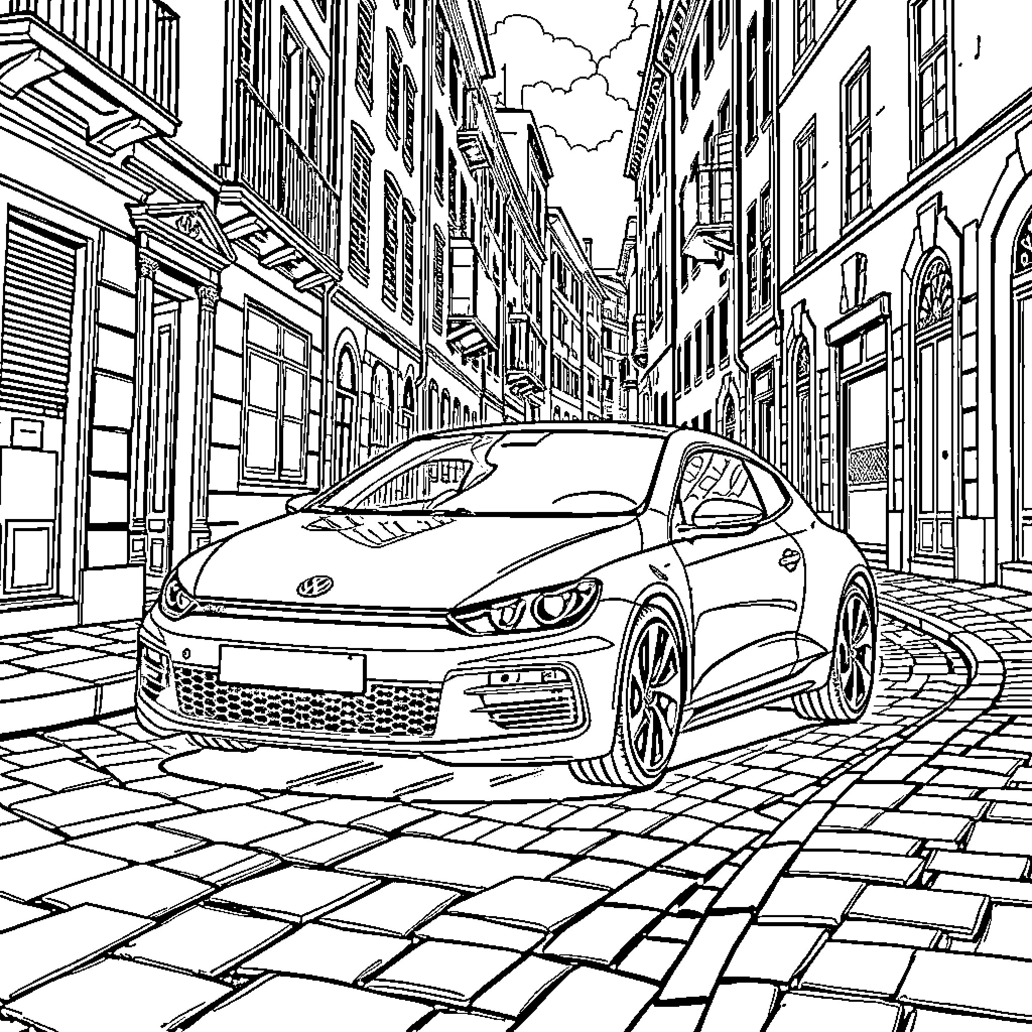 Volkswagen Scirocco on a European city street Coloring Page (free black-and-white line drawing printable PDF for all, from beginners to advanced learners, including children, teens, adults, and seniors)