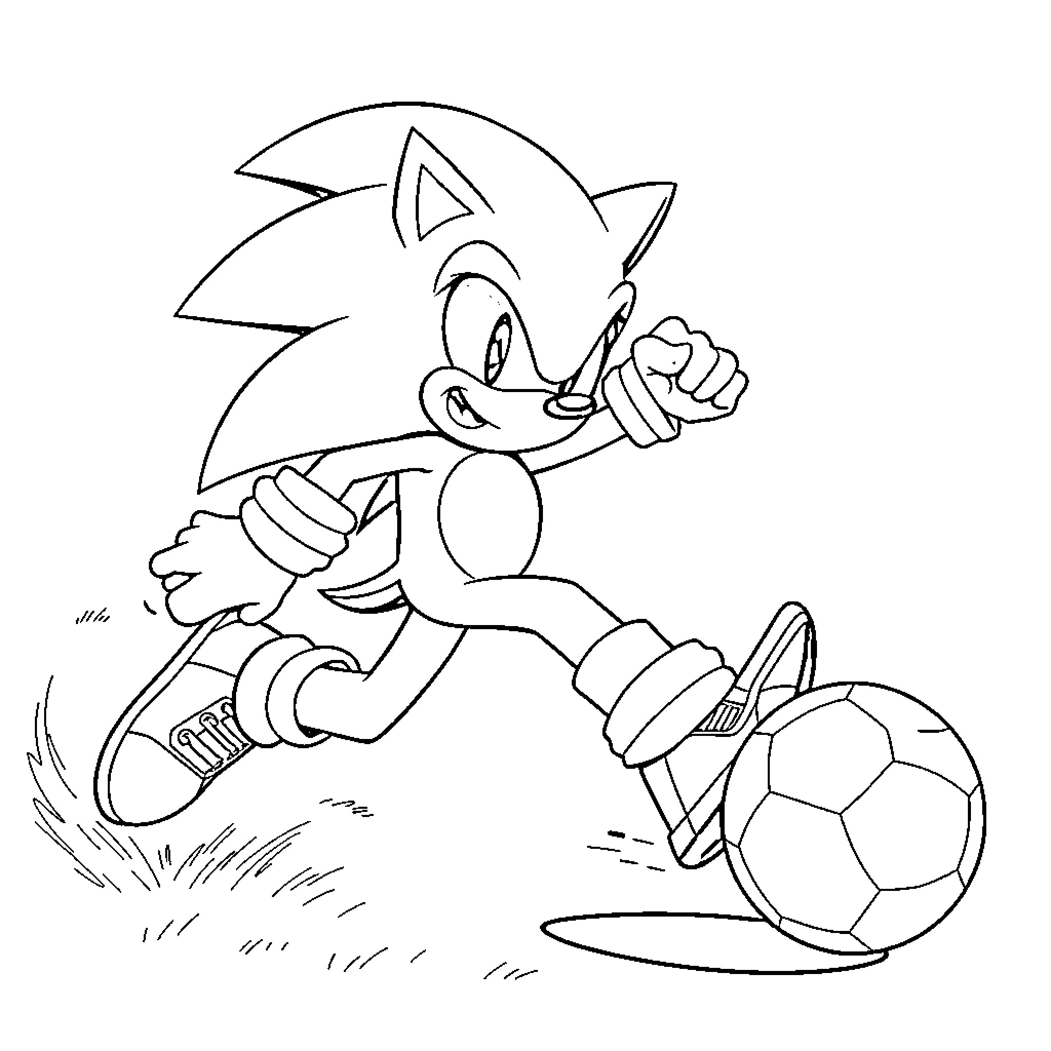 Sonic speeding and playing with soccer ball Coloring Page (free black-and-white line drawing printable PDF for all, from beginners to advanced learners, including children, teens, adults, and seniors)