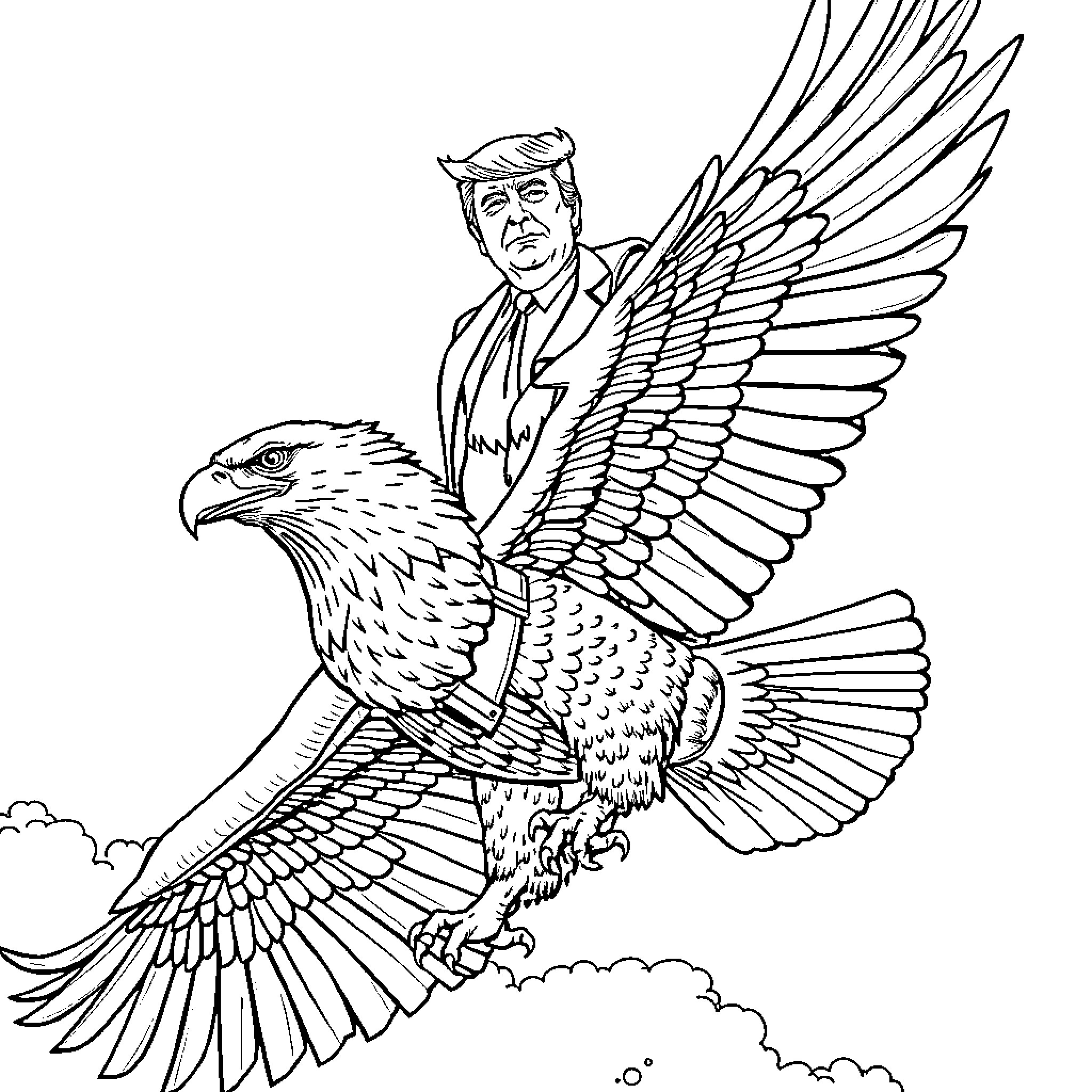 Trump soaring like an eagle in the sky Coloring Page (free black-and-white line drawing printable PDF for all, from beginners to advanced learners, including children, teens, adults, and seniors)
