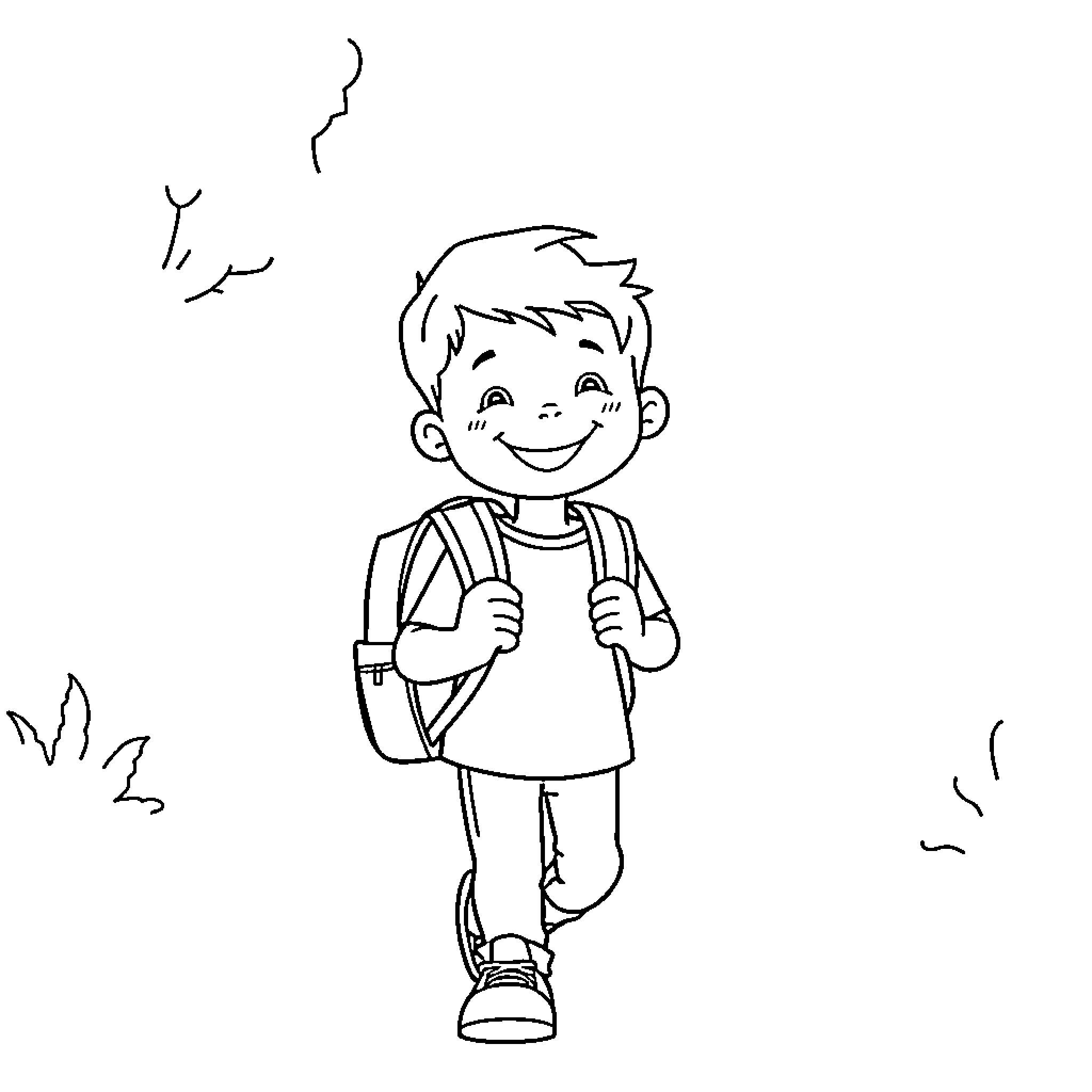 Kid walking with backpack in the outdoors Coloring Page (free black-and-white line drawing printable PDF for all, from beginners to advanced learners, including children, teens, adults, and seniors)