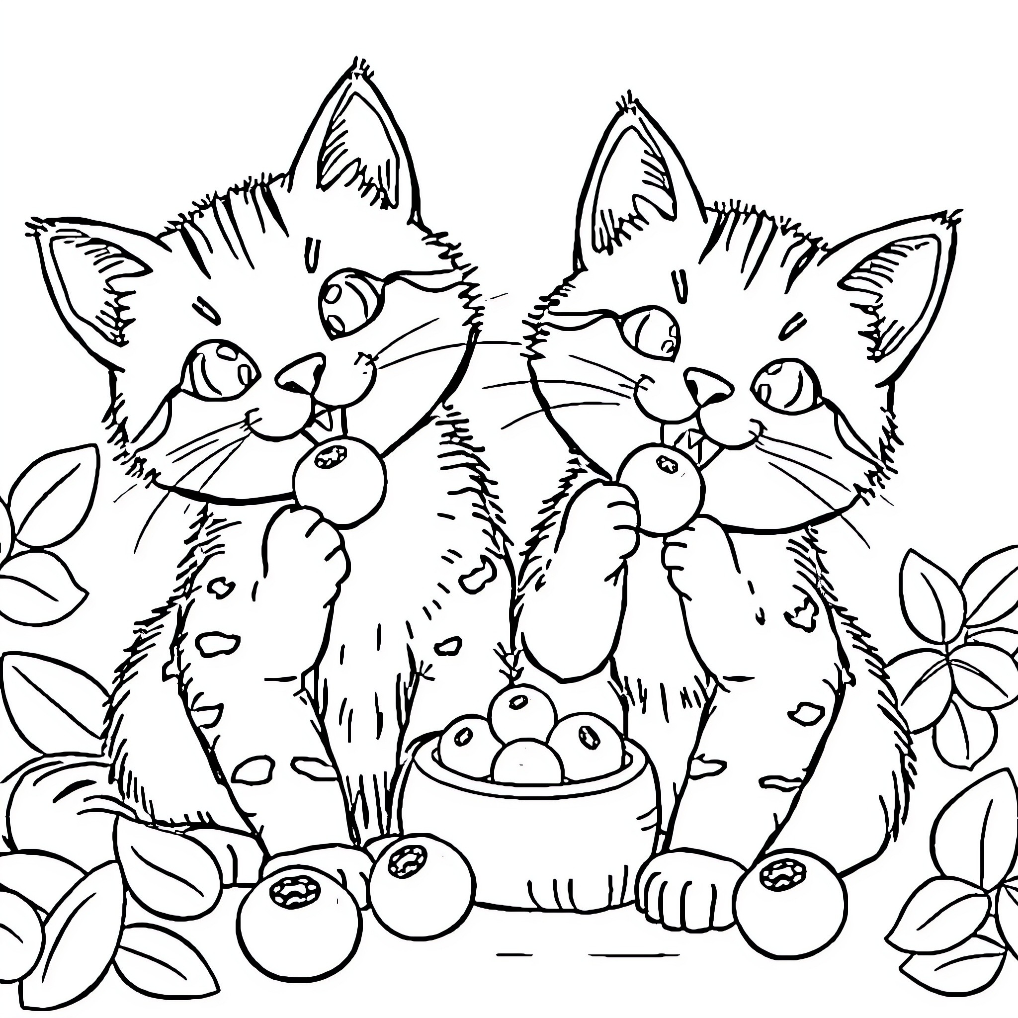 Cat friends exploring a garden of fruits Coloring Page (free black-and-white line drawing printable PDF for all, from beginners to advanced learners, including children, teens, adults, and seniors)