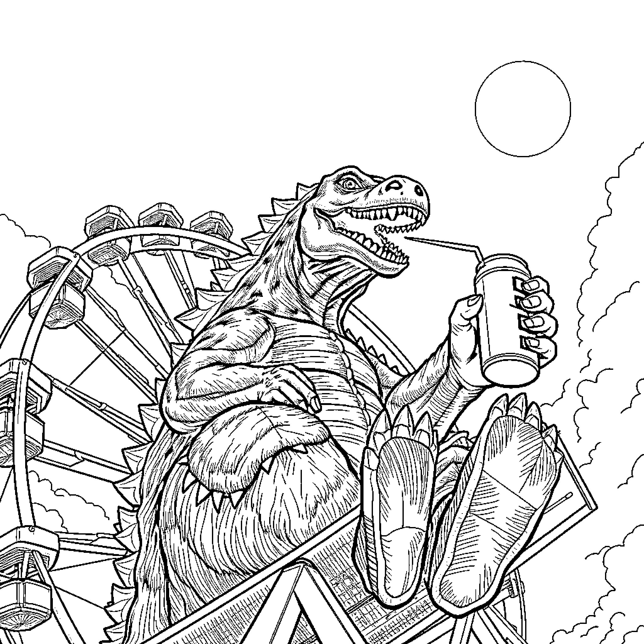 Godzilla Enjoying Rides at the Carnival Coloring Page (free black-and-white line drawing printable PDF for all, from beginners to advanced learners, including children, teens, adults, and seniors)