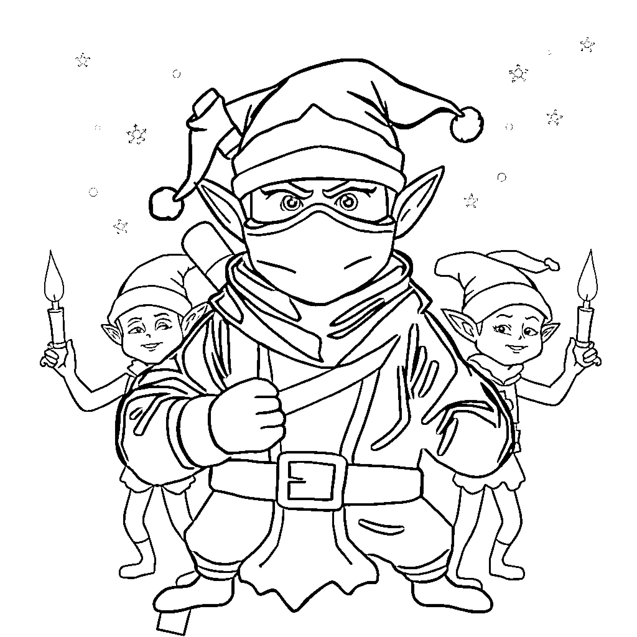 Ninja Elves on a Mischievous Adventure Coloring Page (free black-and-white line drawing printable PDF for all, from beginners to advanced learners, including children, teens, adults, and seniors)