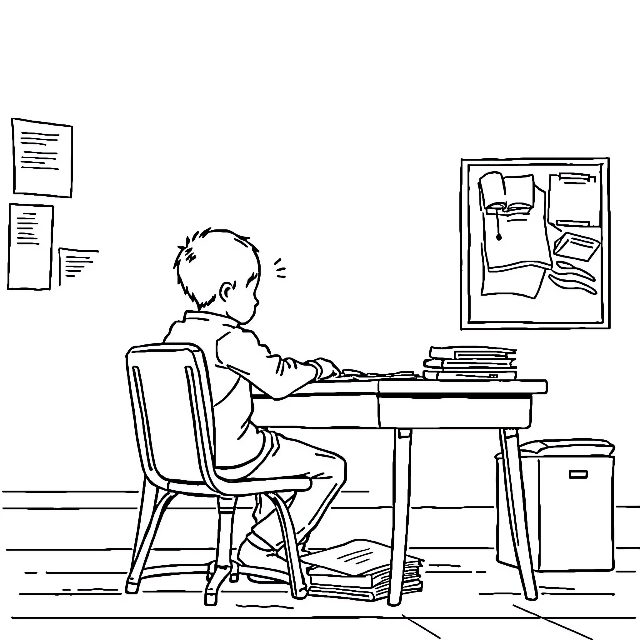 Student working diligently at desk in classroom Coloring Page (free black-and-white line drawing printable PDF for all, from beginners to advanced learners, including children, teens, adults, and seniors)