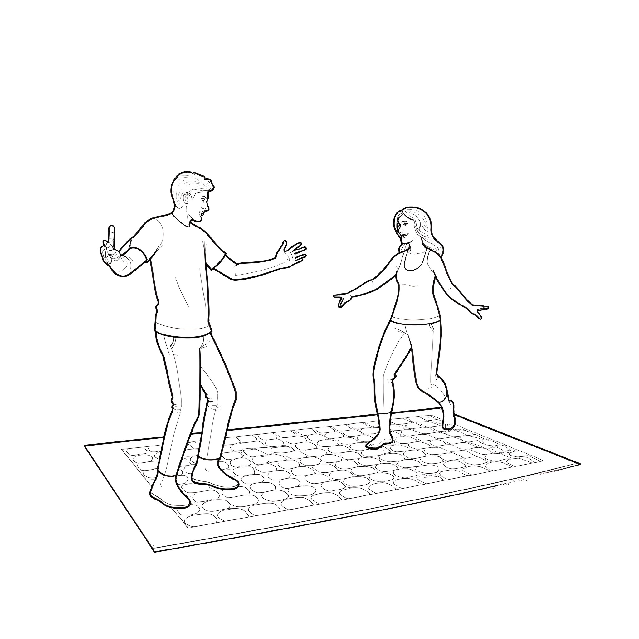 Man and Woman Playing on Interactive Game Mat Coloring Page (free black-and-white line drawing printable PDF for all, from beginners to advanced learners, including children, teens, adults, and seniors)