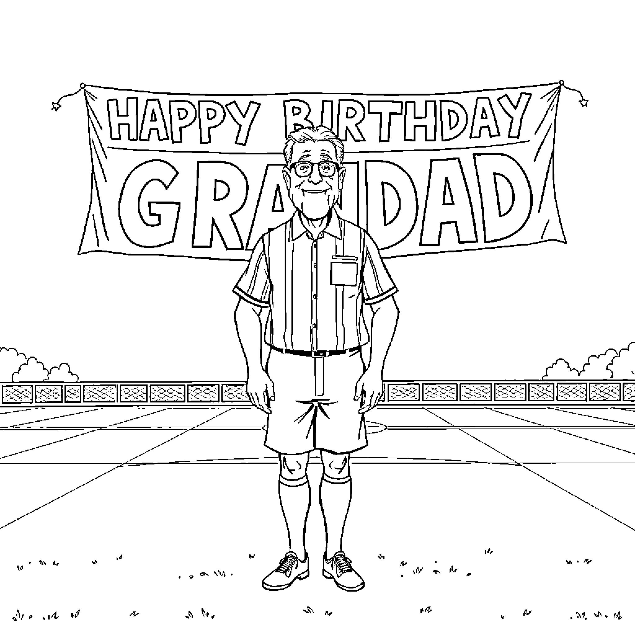 Grandad celebrates his birthday with a joyful banner Coloring Page (free black-and-white line drawing printable PDF for all, from beginners to advanced learners, including children, teens, adults, and seniors)