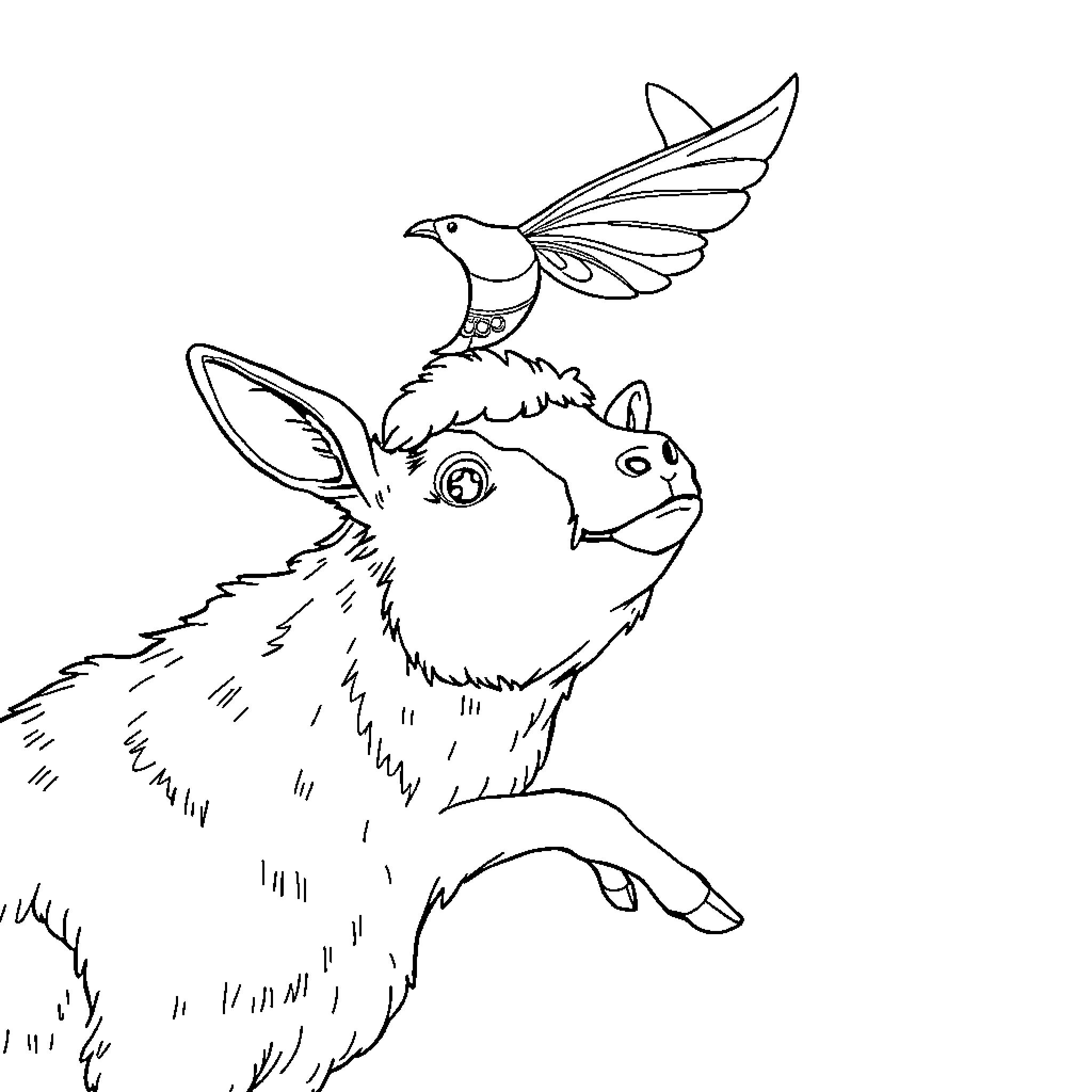 Pig with wings perched on a rabbit Coloring Page (free black-and-white line drawing printable PDF for all, from beginners to advanced learners, including children, teens, adults, and seniors)