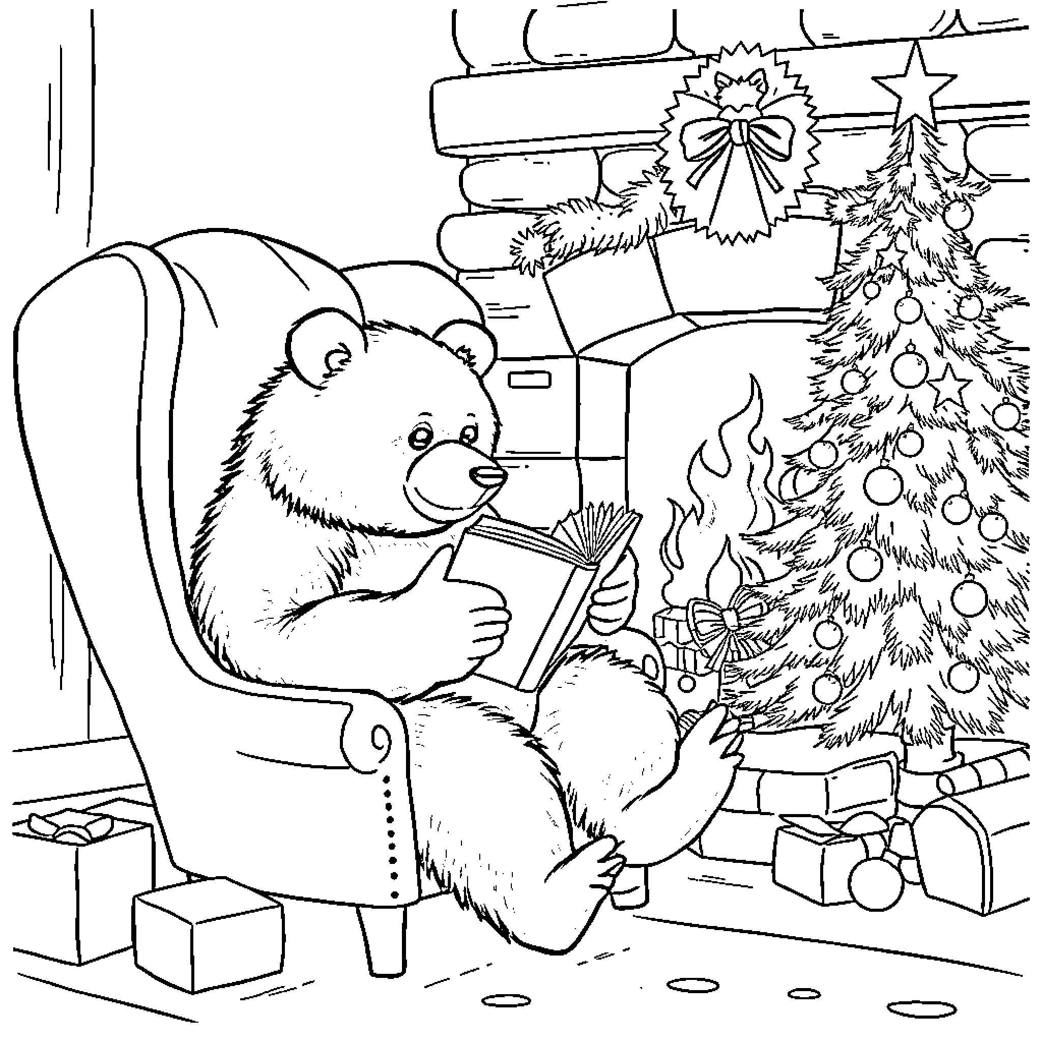 Bear reading book by Christmas tree Coloring Page (free black-and-white line drawing printable PDF for all, from beginners to advanced learners, including children, teens, adults, and seniors)