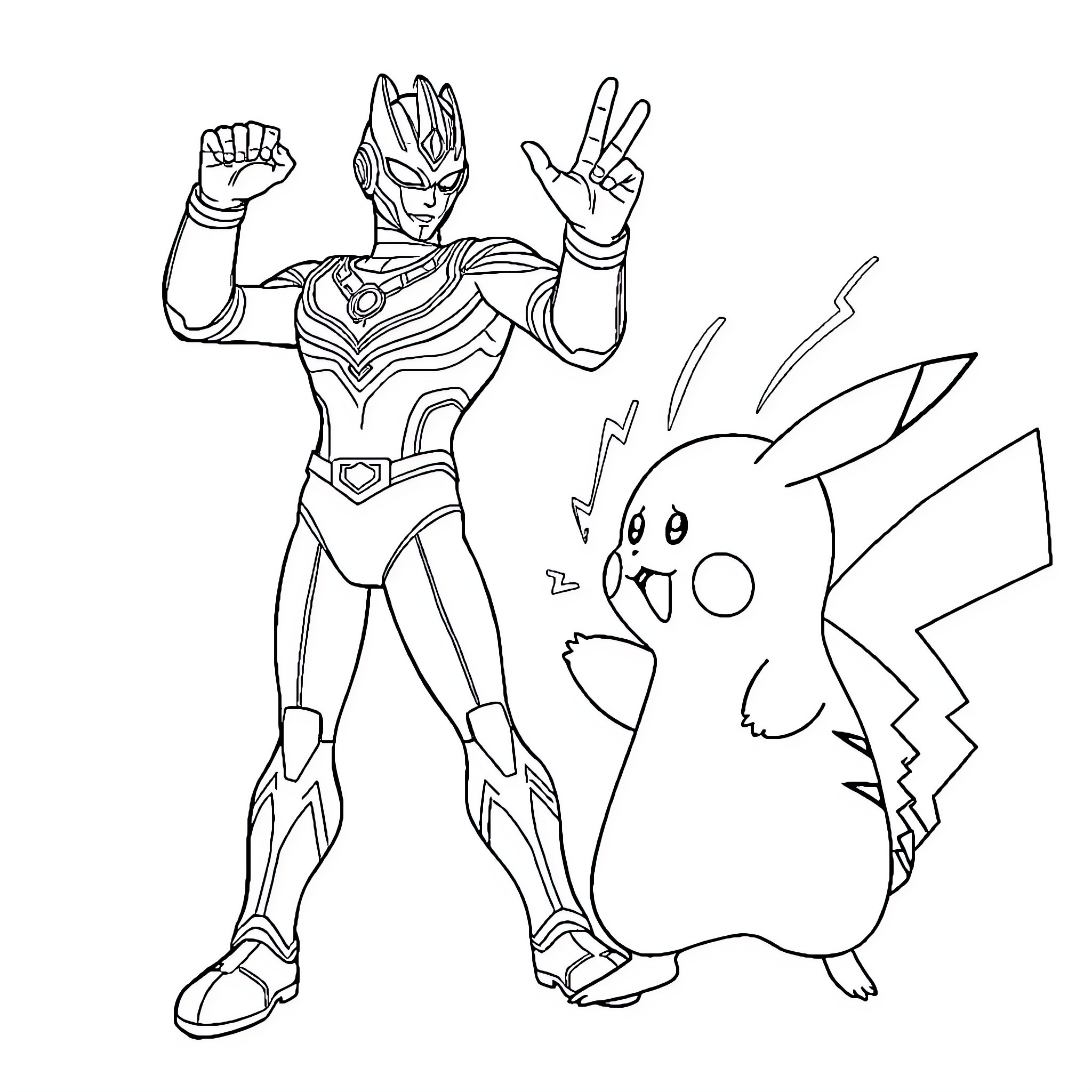 Ultraman heroically posing with Pikachu Coloring Page (free black-and-white line drawing printable PDF for all, from beginners to advanced learners, including children, teens, adults, and seniors)