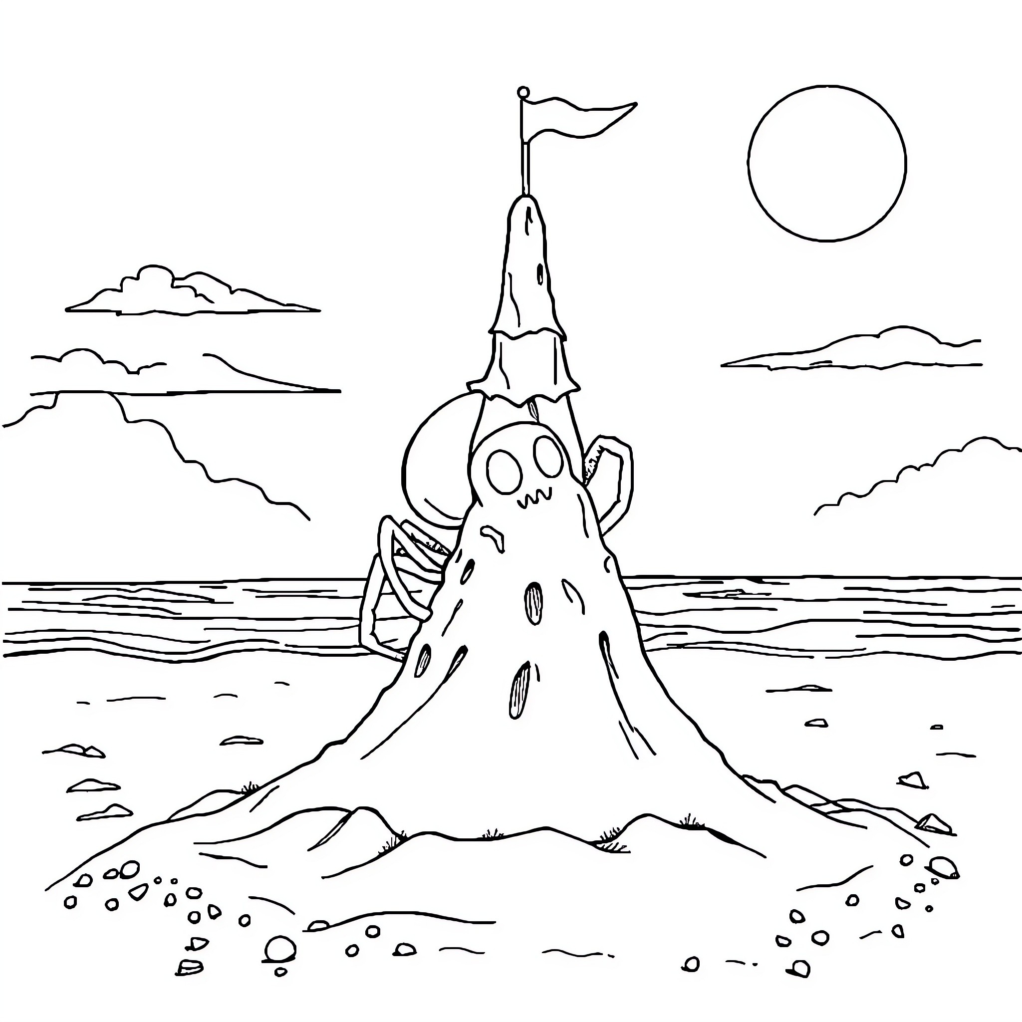 Ghost Spider scaling haunting mountain under moonlit sky Coloring Page (free black-and-white line drawing printable PDF for all, from beginners to advanced learners, including children, teens, adults, and seniors)