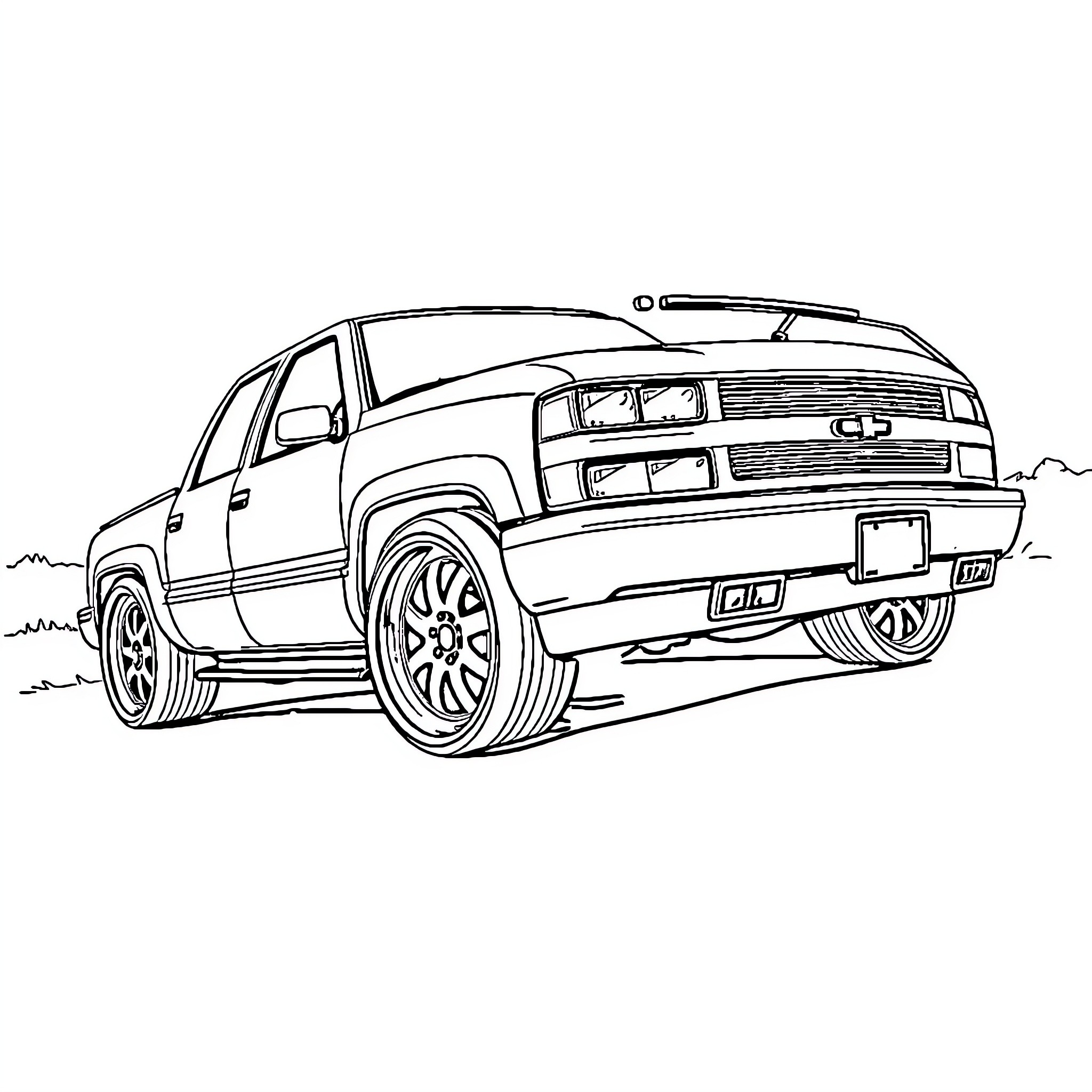Tahoe SUV with Aftermarket Accessories Coloring Page (free black-and-white line drawing printable PDF for all, from beginners to advanced learners, including children, teens, adults, and seniors)