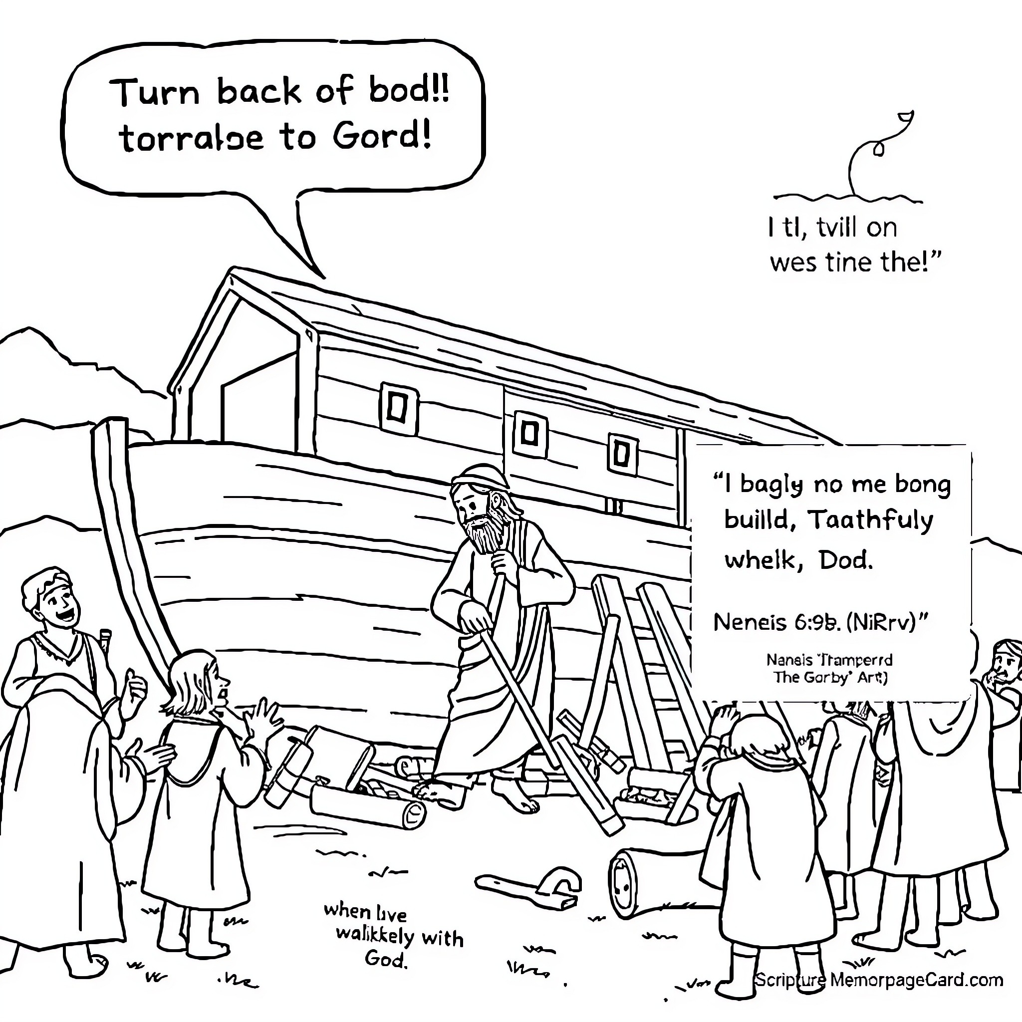 Noah's family follows divine instructions on the ark Coloring Page (free black-and-white line drawing printable PDF for all, from beginners to advanced learners, including children, teens, adults, and seniors)