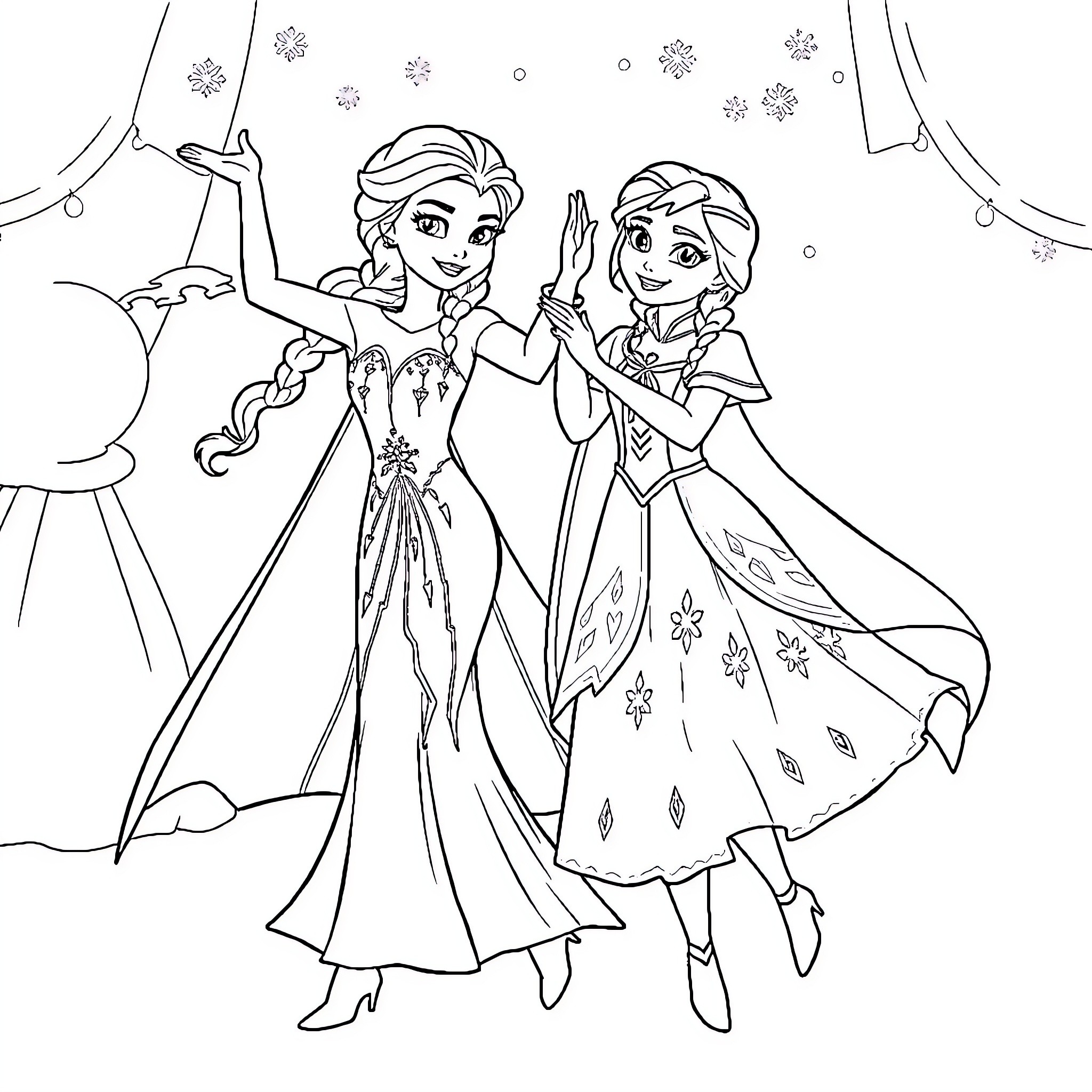 Frozen sisters dancing in the winter wonderland Coloring Page (free black-and-white line drawing printable PDF for all, from beginners to advanced learners, including children, teens, adults, and seniors)